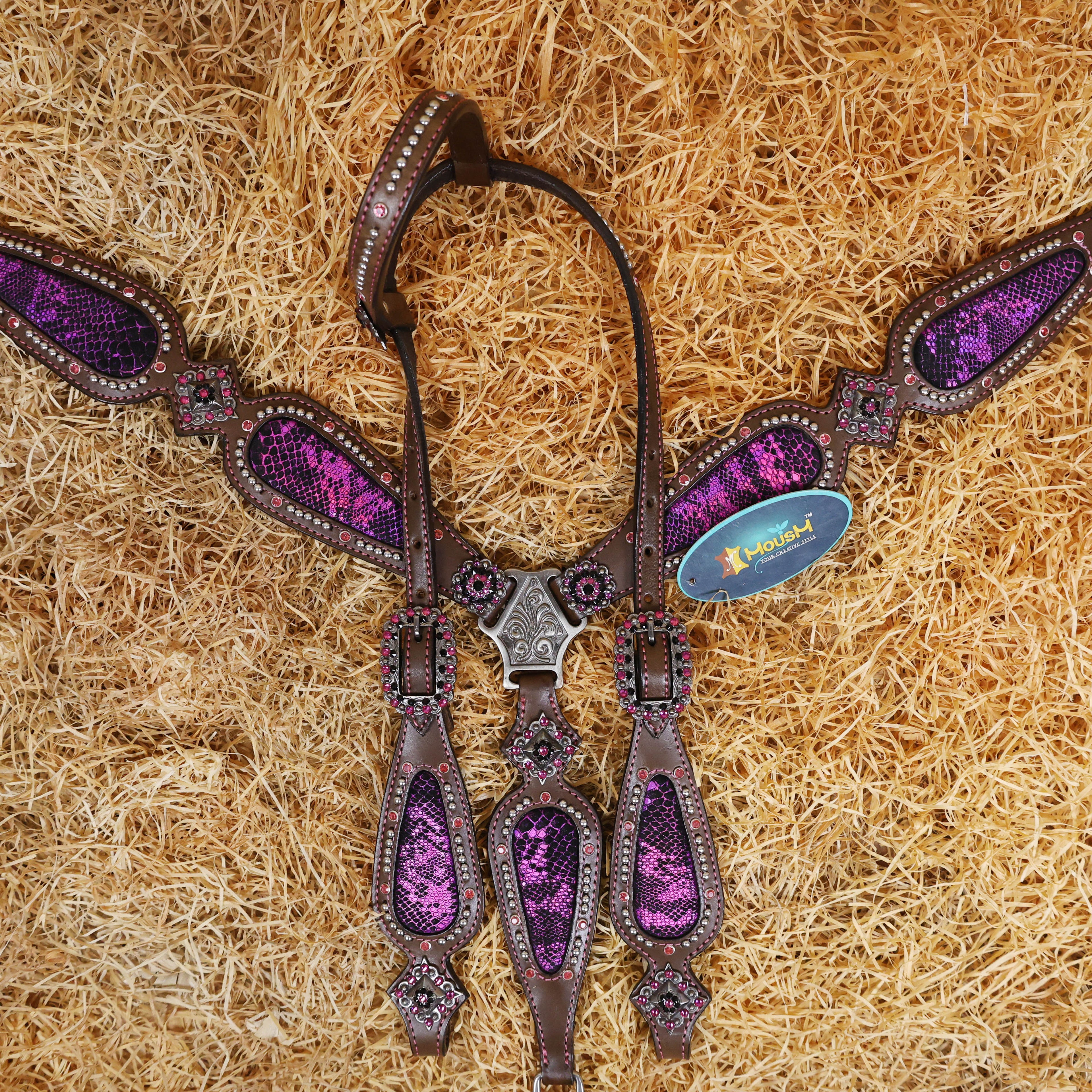 MOUSM Western Headstall and Breast Collar Set - Argentina Cow Leather Western Horse Tack Set Decorated with Pink Snake Texture Leather, Nickel Studs with Pink Rhinestones All Around