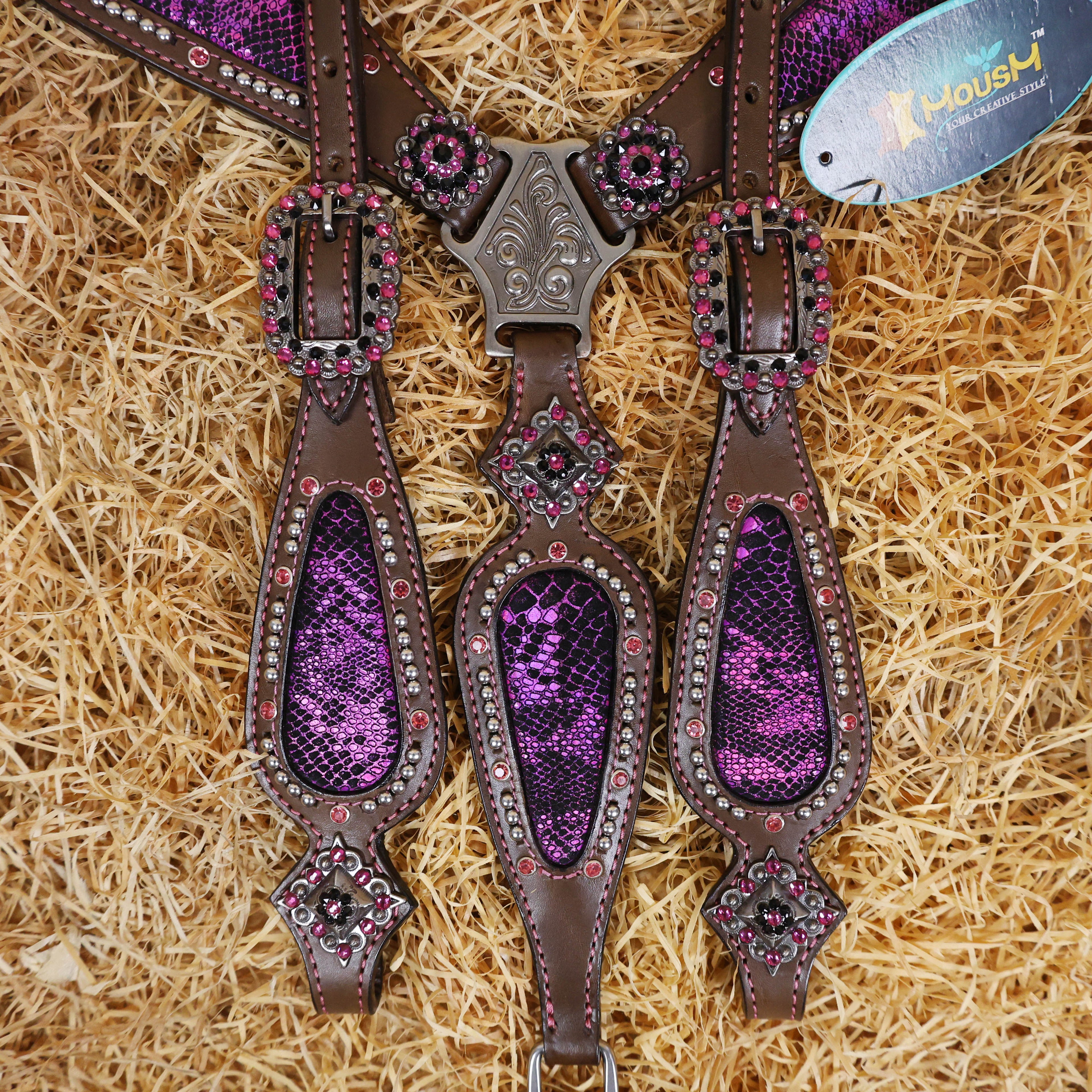 MOUSM Western Headstall and Breast Collar Set - Argentina Cow Leather Western Horse Tack Set Decorated with Pink Snake Texture Leather, Nickel Studs with Pink Rhinestones All Around