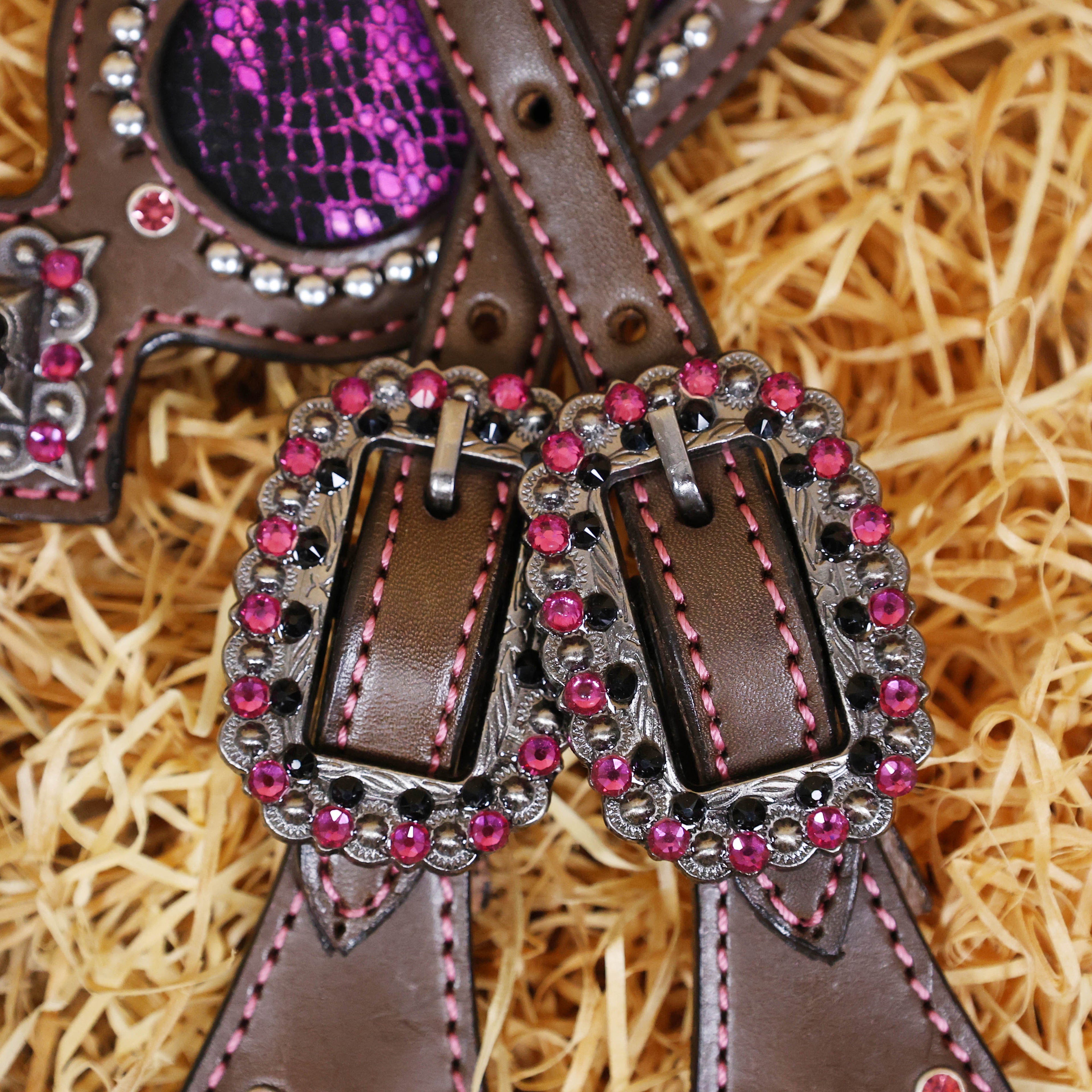 MOUSM Western Headstall and Breast Collar Set - Argentina Cow Leather Western Horse Tack Set Decorated with Pink Snake Texture Leather, Nickel Studs with Pink Rhinestones All Around