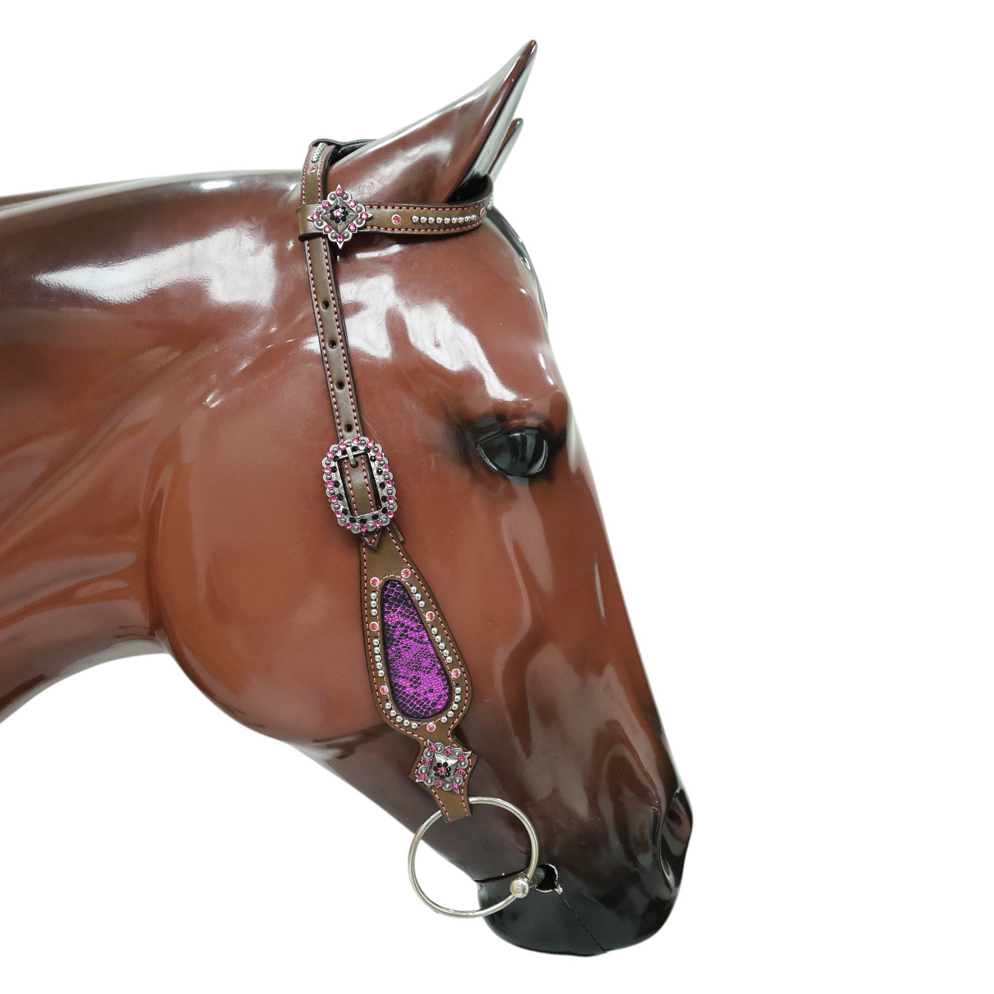 MOUSM Western Headstall and Breast Collar Set - Argentina Cow Leather Western Horse Tack Set Decorated with Pink Snake Texture Leather, Nickel Studs with Pink Rhinestones All Around