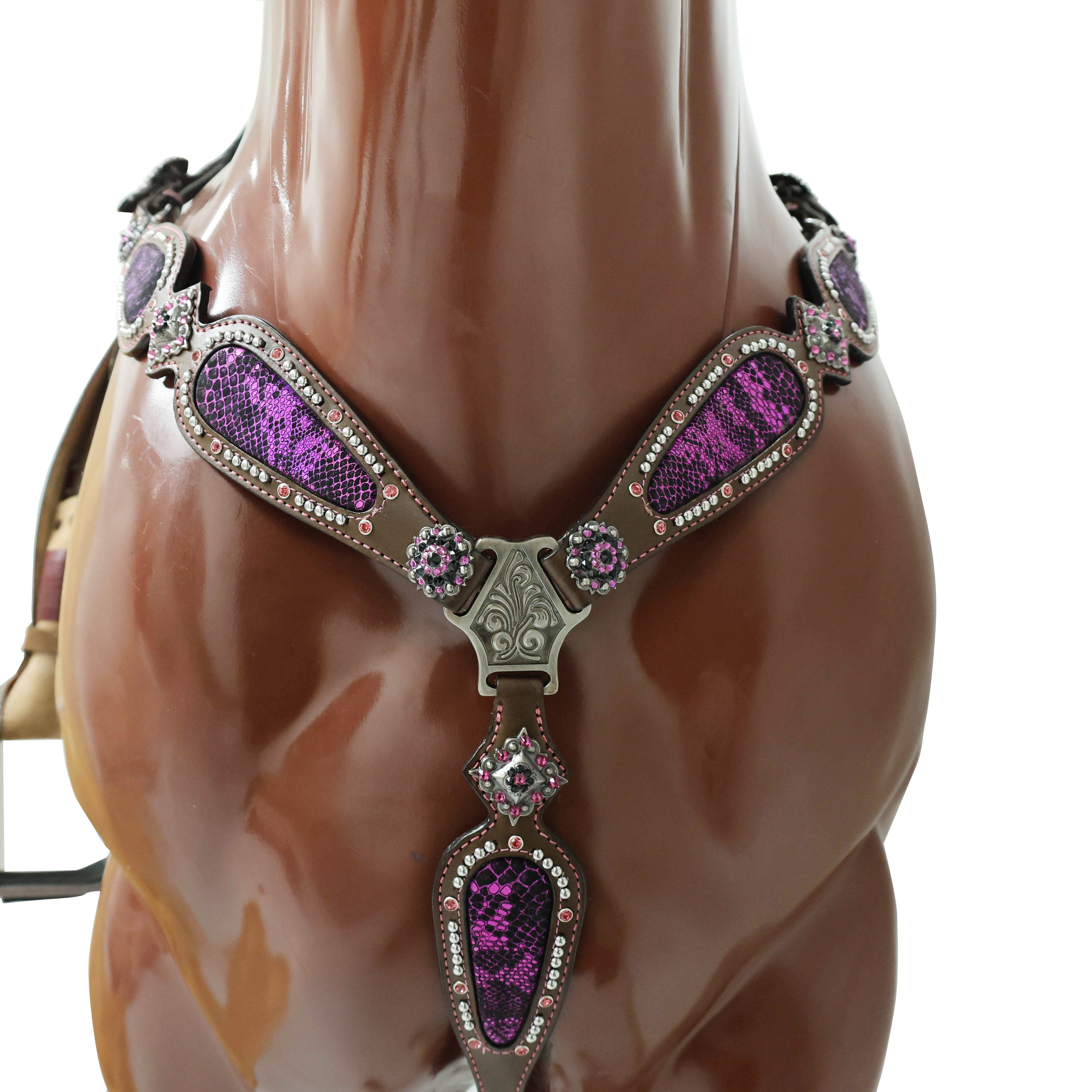 MOUSM Western Headstall and Breast Collar Set - Argentina Cow Leather Western Horse Tack Set Decorated with Pink Snake Texture Leather, Nickel Studs with Pink Rhinestones All Around