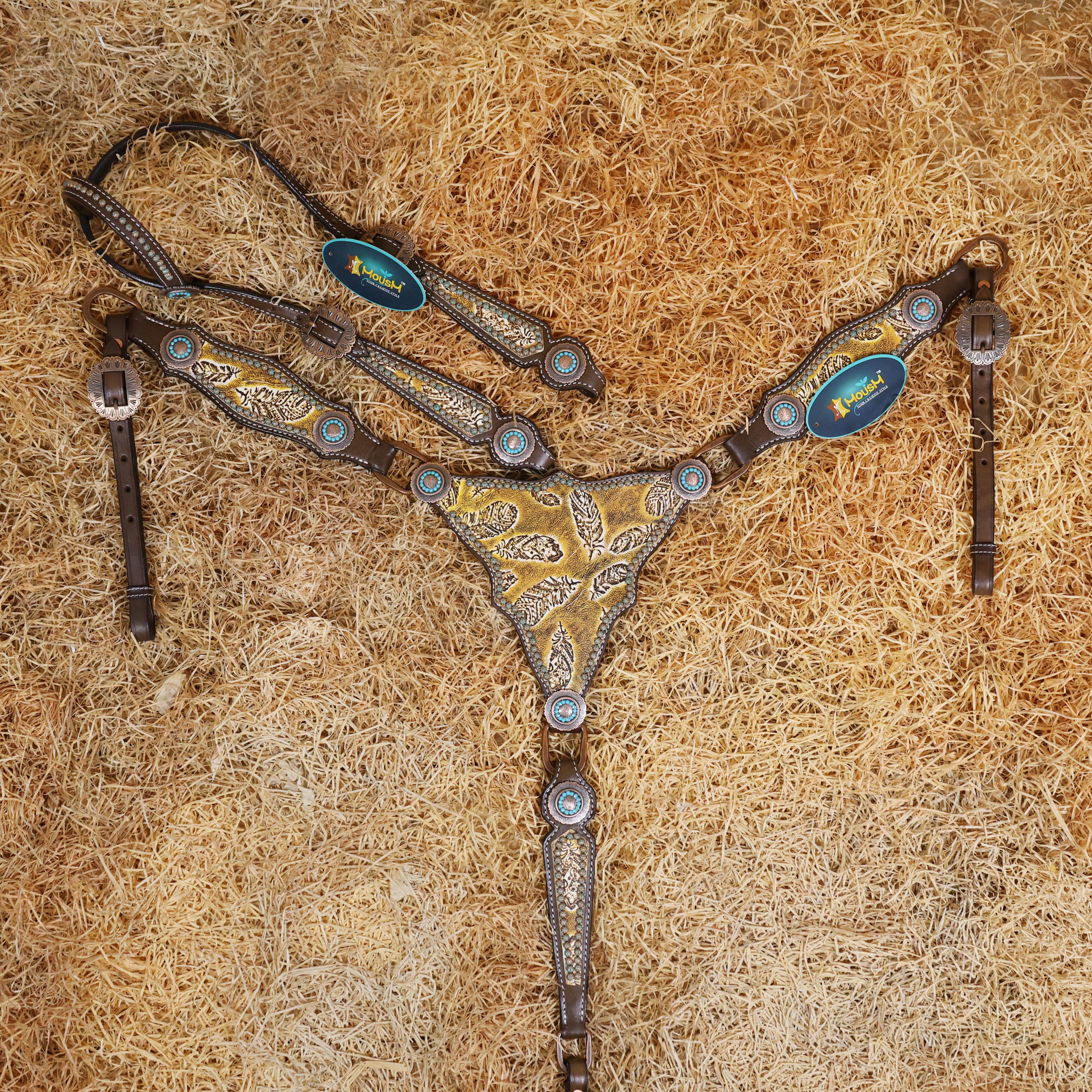 MOUSM Western Headstall and Breast Collar Set Gladiator Style Breast Collar Decorated with Feathers Leather and Turquoise Sunburst Studs & Turquoise Accent Conchoes