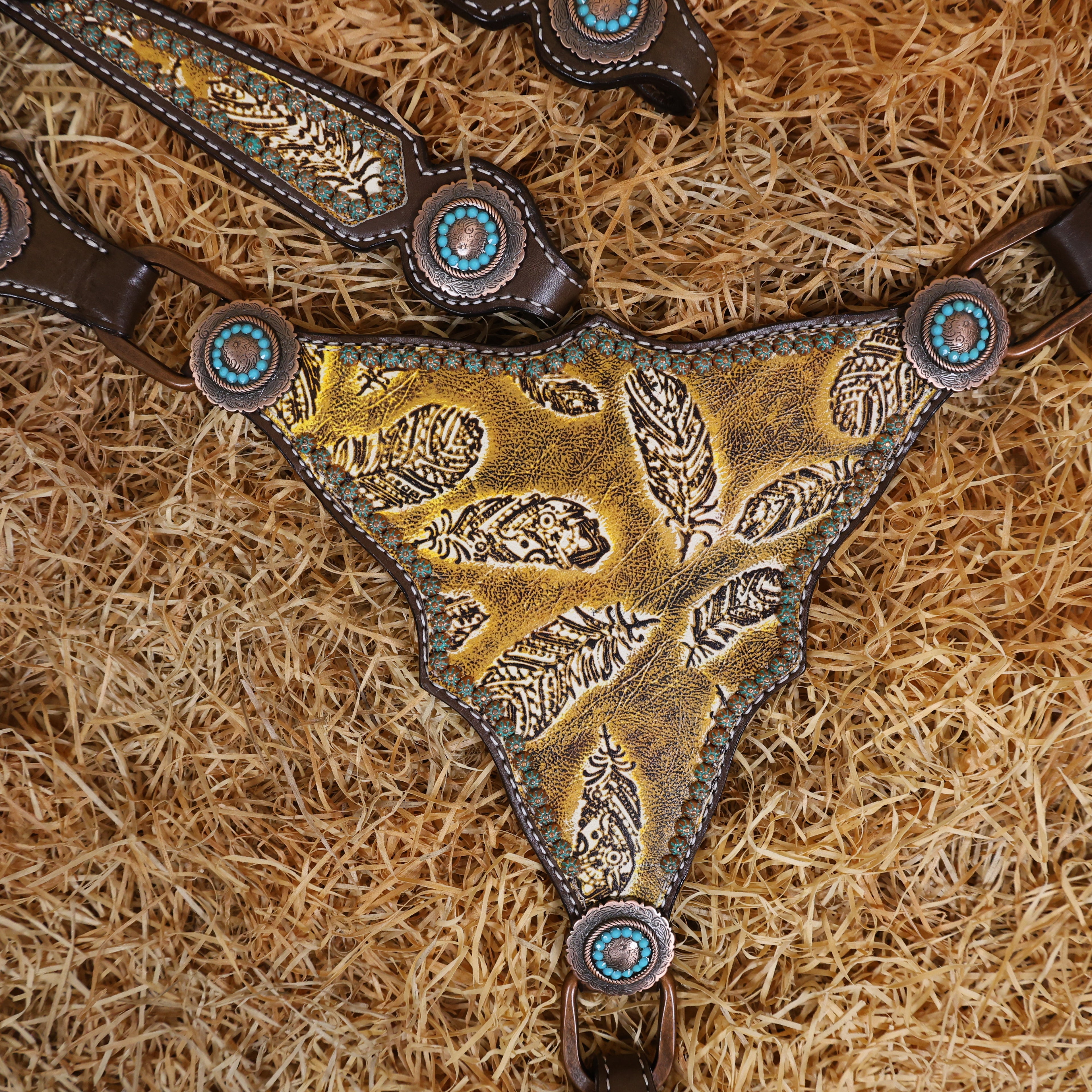 MOUSM Western Headstall and Breast Collar Set Gladiator Style Breast Collar Decorated with Feathers Leather and Turquoise Sunburst Studs & Turquoise Accent Conchoes