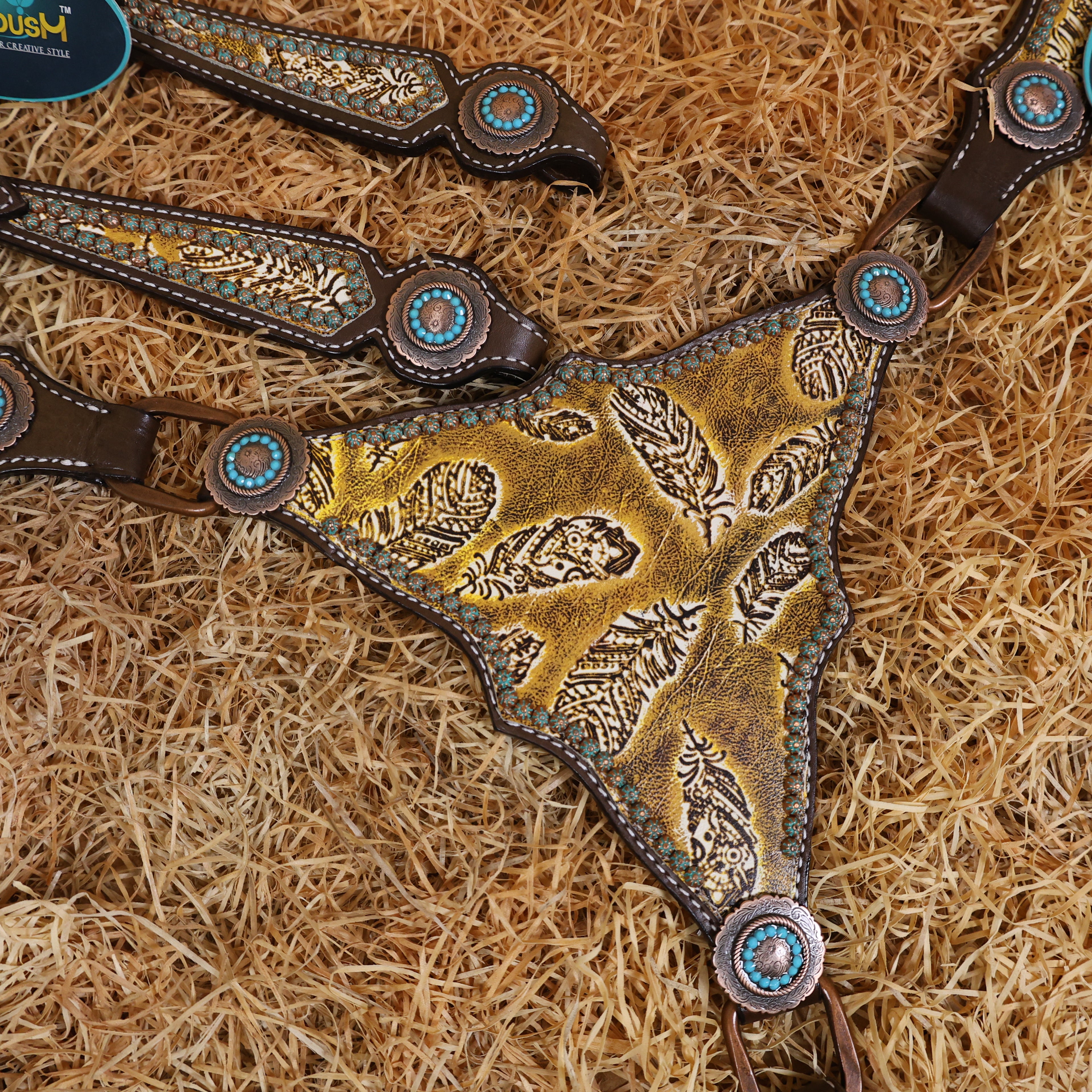 MOUSM Western Headstall and Breast Collar Set Gladiator Style Breast Collar Decorated with Feathers Leather and Turquoise Sunburst Studs & Turquoise Accent Conchoes