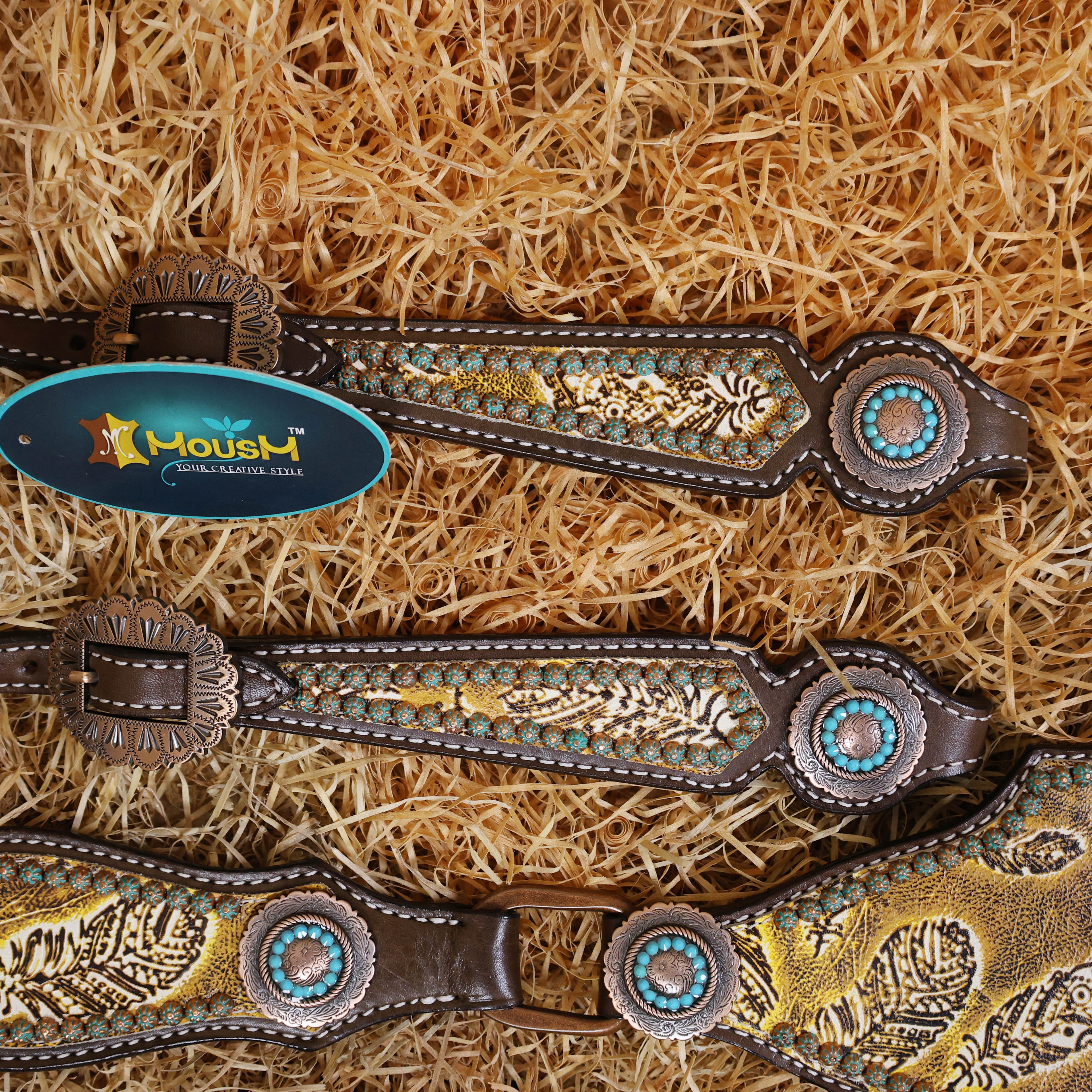 MOUSM Western Headstall and Breast Collar Set Gladiator Style Breast Collar Decorated with Feathers Leather and Turquoise Sunburst Studs & Turquoise Accent Conchoes
