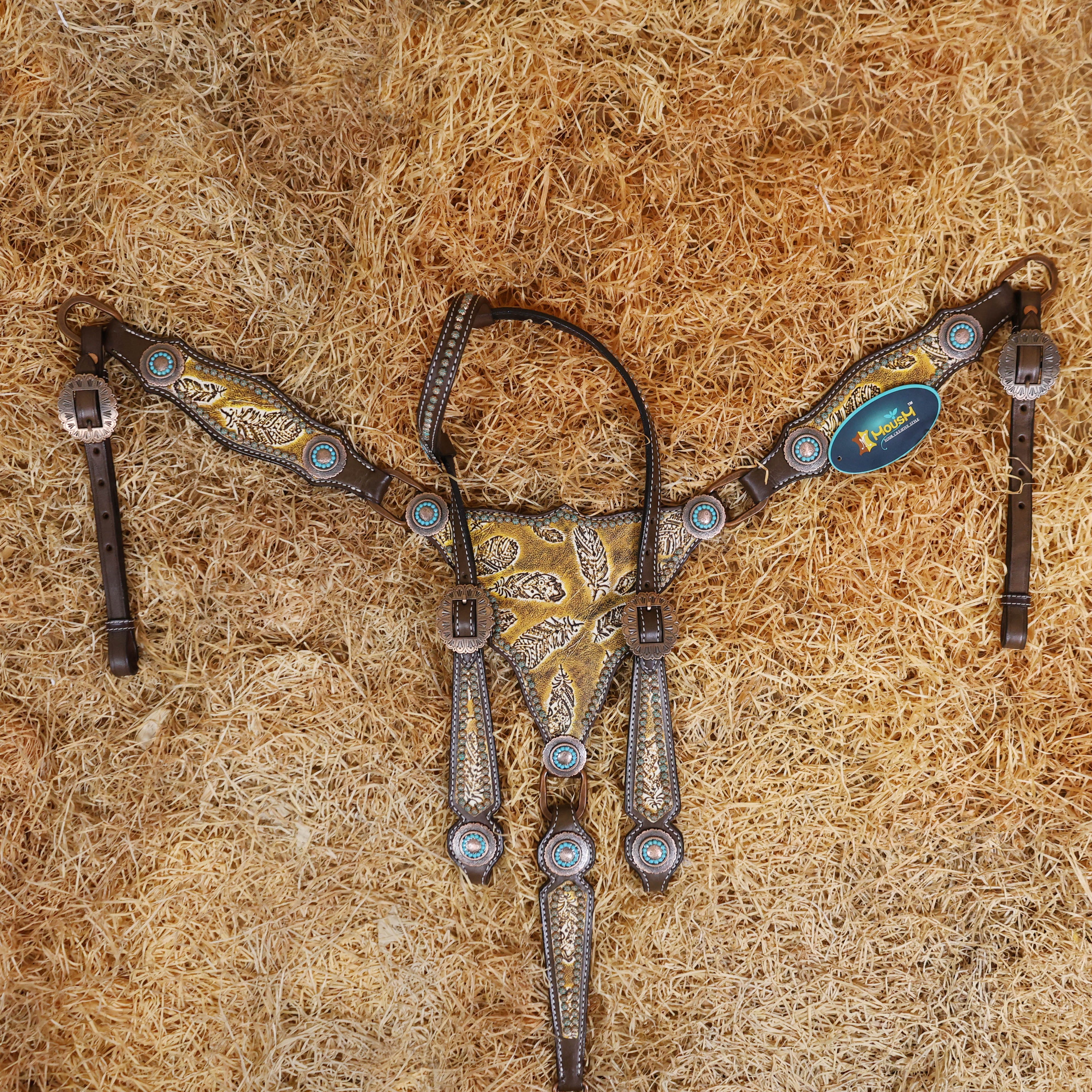 MOUSM Western Headstall and Breast Collar Set Gladiator Style Breast Collar Decorated with Feathers Leather and Turquoise Sunburst Studs & Turquoise Accent Conchoes