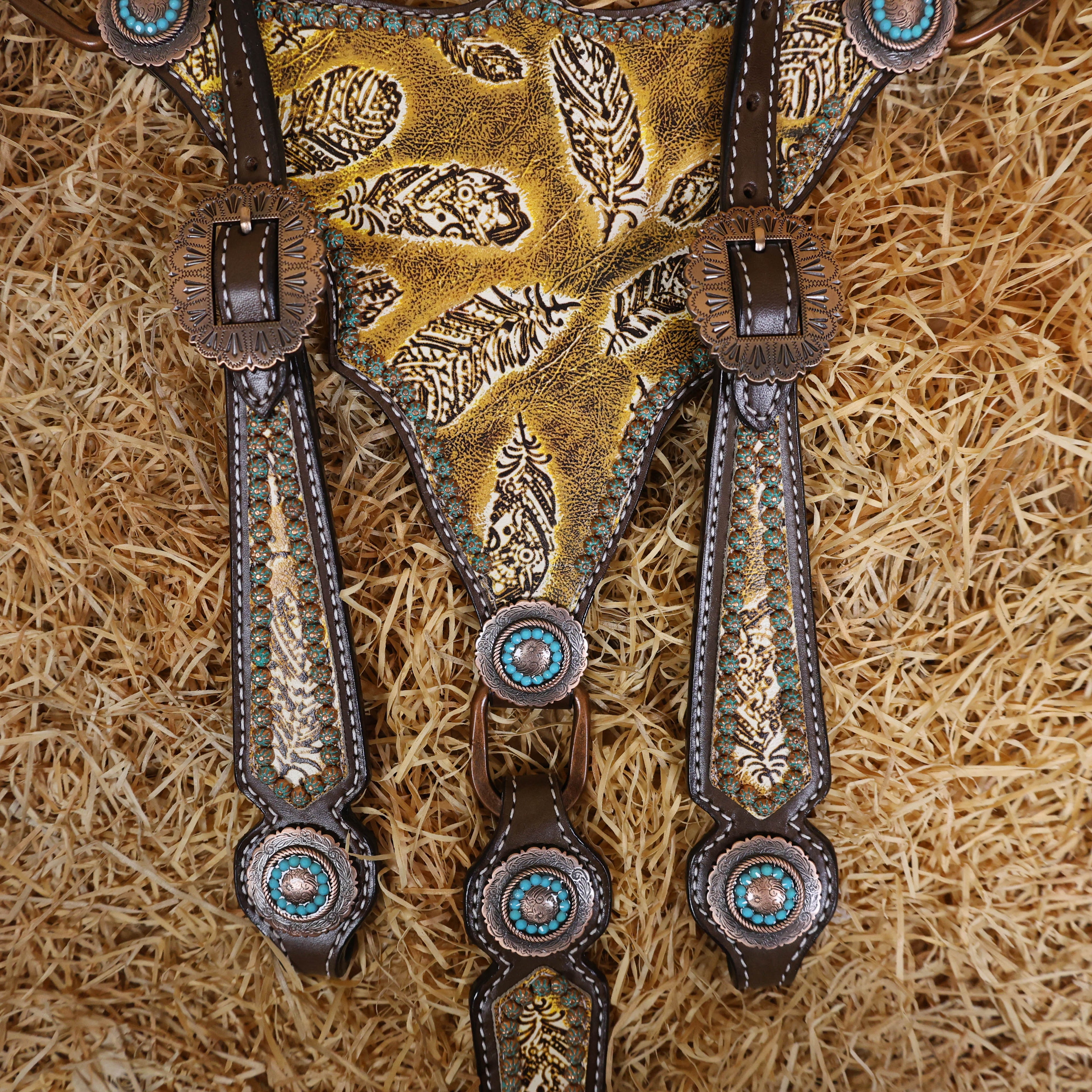 MOUSM Western Headstall and Breast Collar Set Gladiator Style Breast Collar Decorated with Feathers Leather and Turquoise Sunburst Studs & Turquoise Accent Conchoes