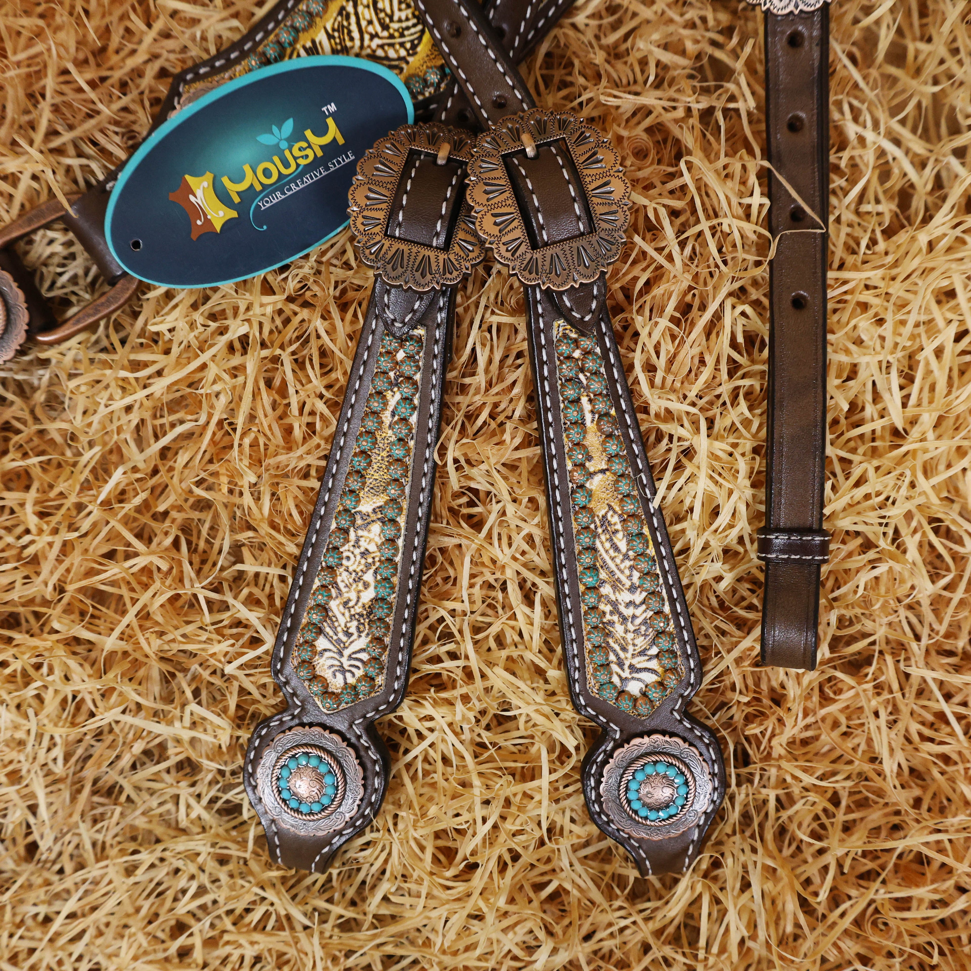 MOUSM Western Headstall and Breast Collar Set Gladiator Style Breast Collar Decorated with Feathers Leather and Turquoise Sunburst Studs & Turquoise Accent Conchoes