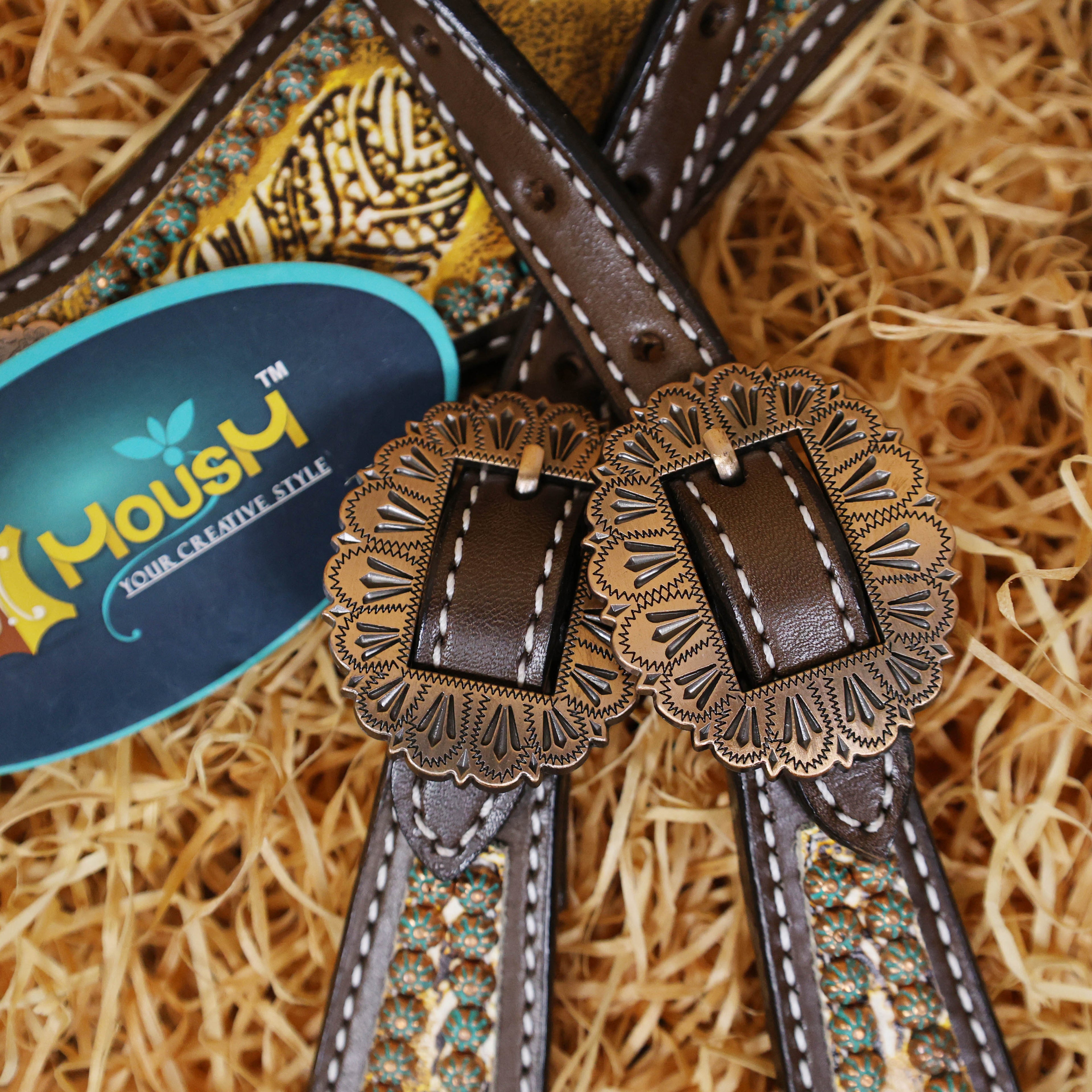 MOUSM Western Headstall and Breast Collar Set Gladiator Style Breast Collar Decorated with Feathers Leather and Turquoise Sunburst Studs & Turquoise Accent Conchoes