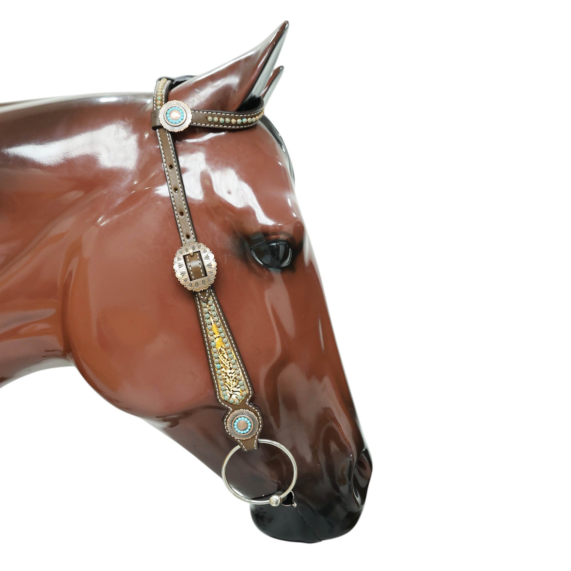 MOUSM Western Headstall and Breast Collar Set Gladiator Style Breast Collar Decorated with Feathers Leather and Turquoise Sunburst Studs & Turquoise Accent Conchoes