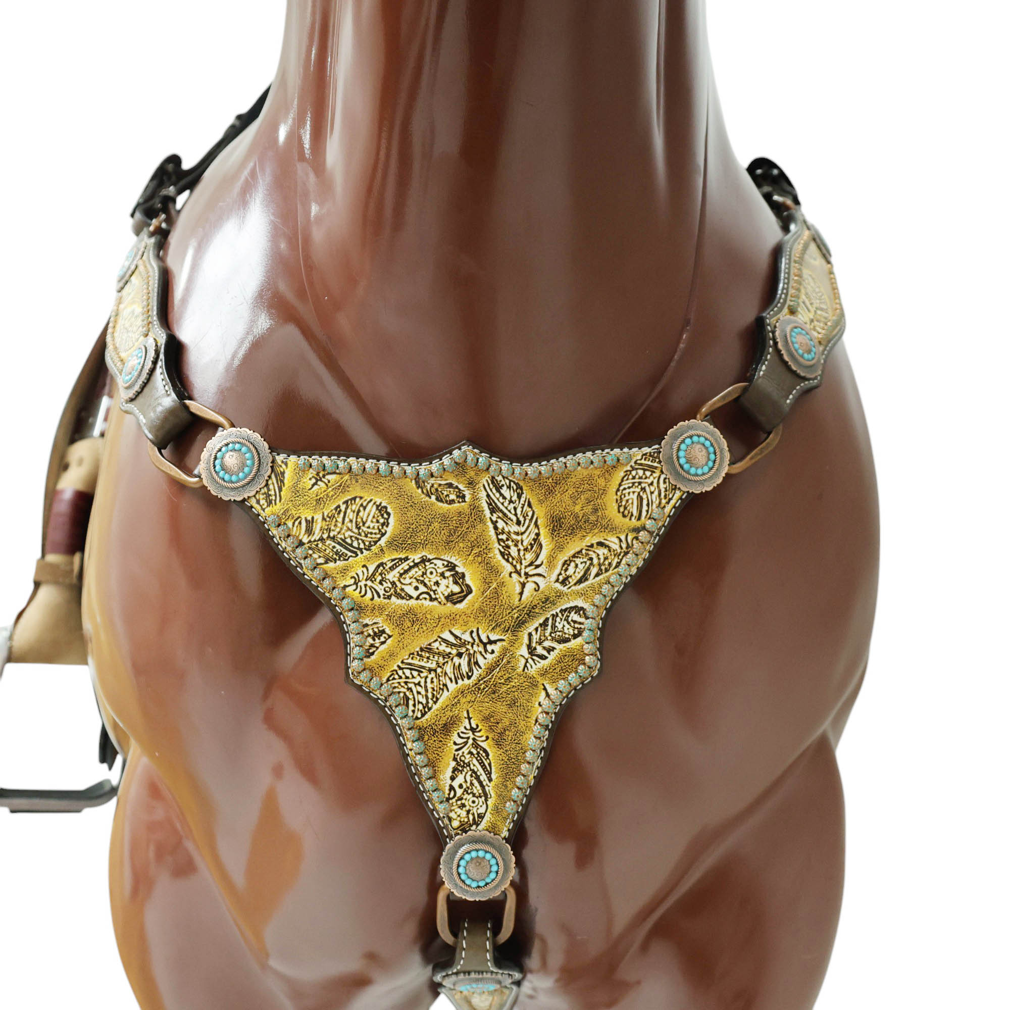 MOUSM Western Headstall and Breast Collar Set Gladiator Style Breast Collar Decorated with Feathers Leather and Turquoise Sunburst Studs & Turquoise Accent Conchoes
