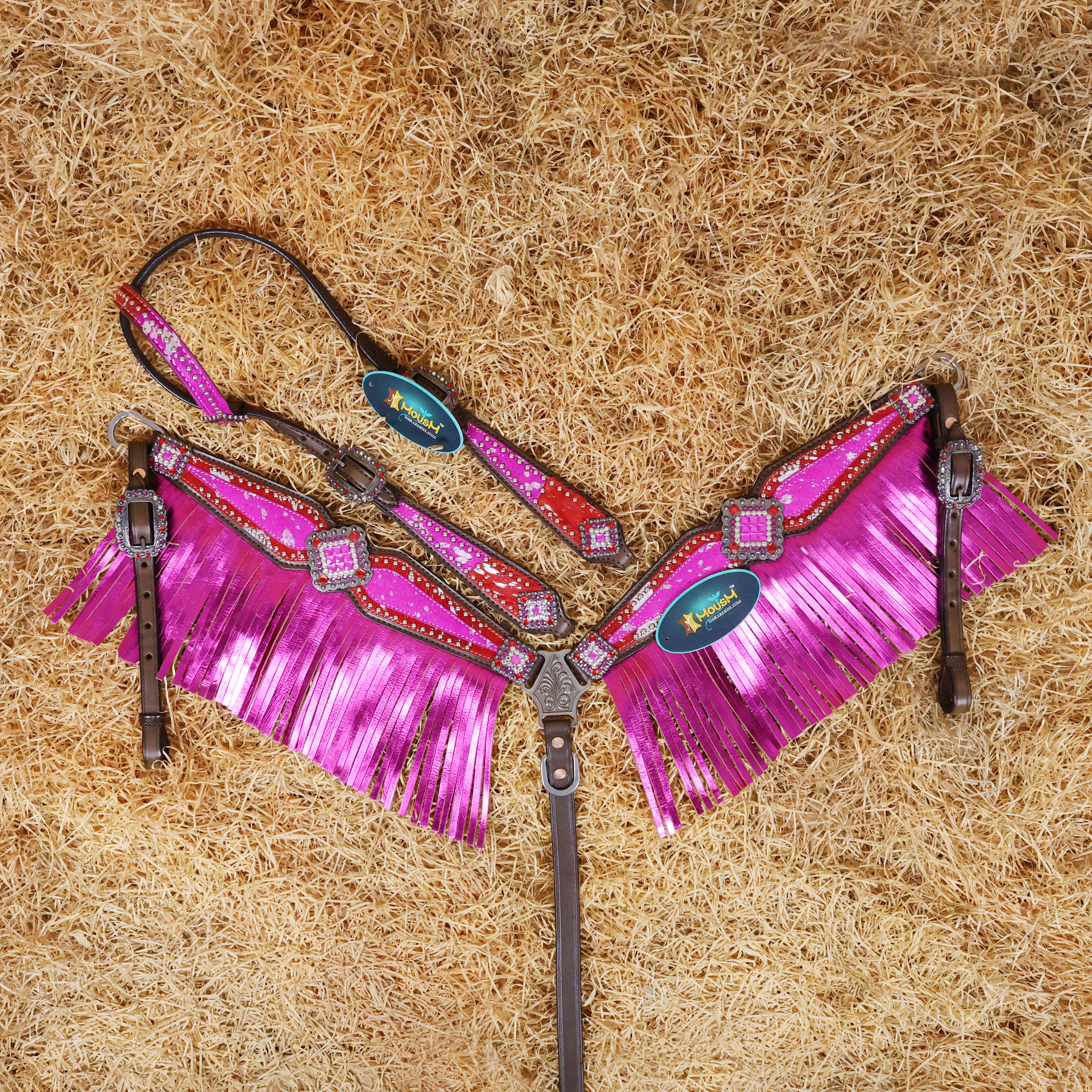 MOUSM Western Headstall and Breast Collar Set Decorated with Red-Pink Cowhide Inlay, Silver Patches Surrounded by Metal Beads, Matching Rhinestone Conchos, and Pink Metallic Leather Fringe