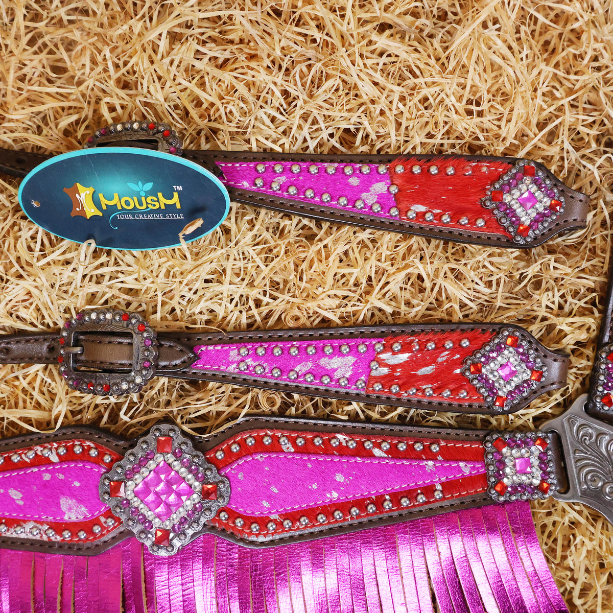 Red-Pink Cowhide Inlay & Pink Leather Fringe Headstall Set