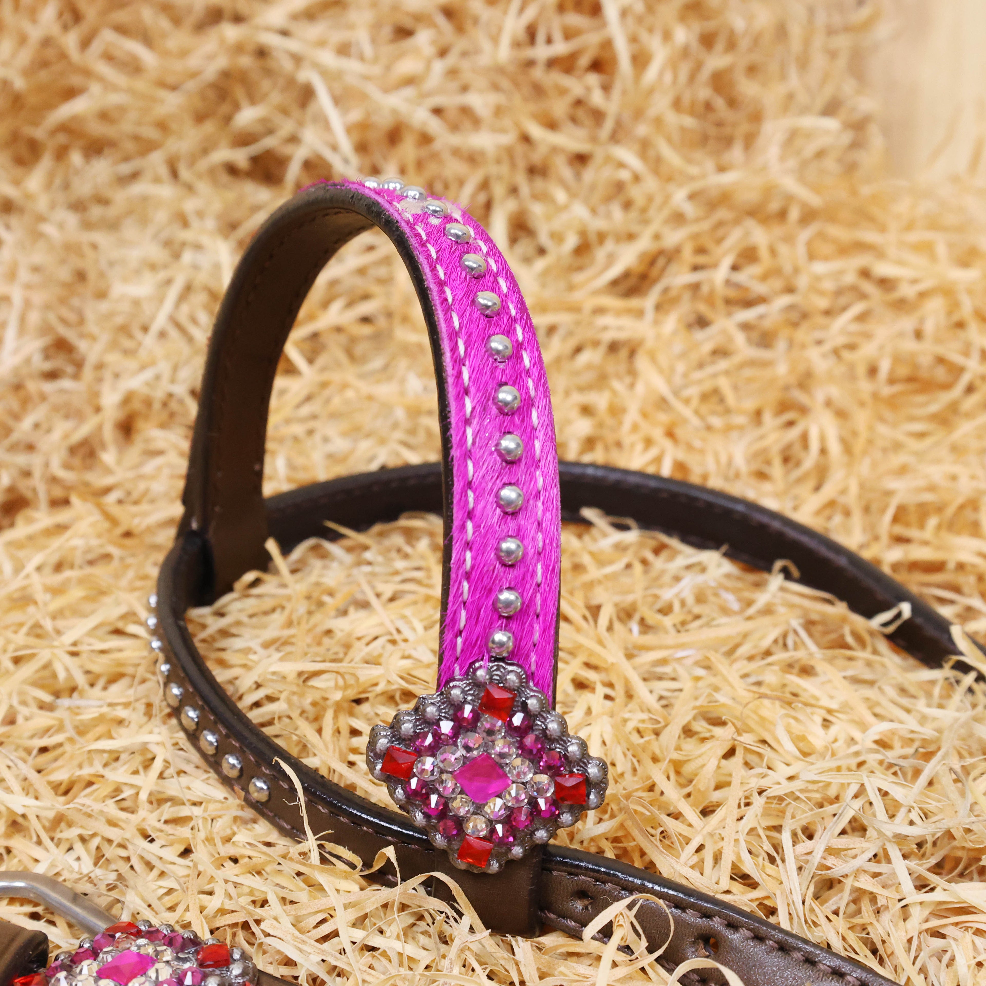 MOUSM Western Headstall and Breast Collar Set Decorated with Red-Pink Cowhide Inlay, Silver Patches Surrounded by Metal Beads, Matching Rhinestone Conchos, and Pink Metallic Leather Fringe