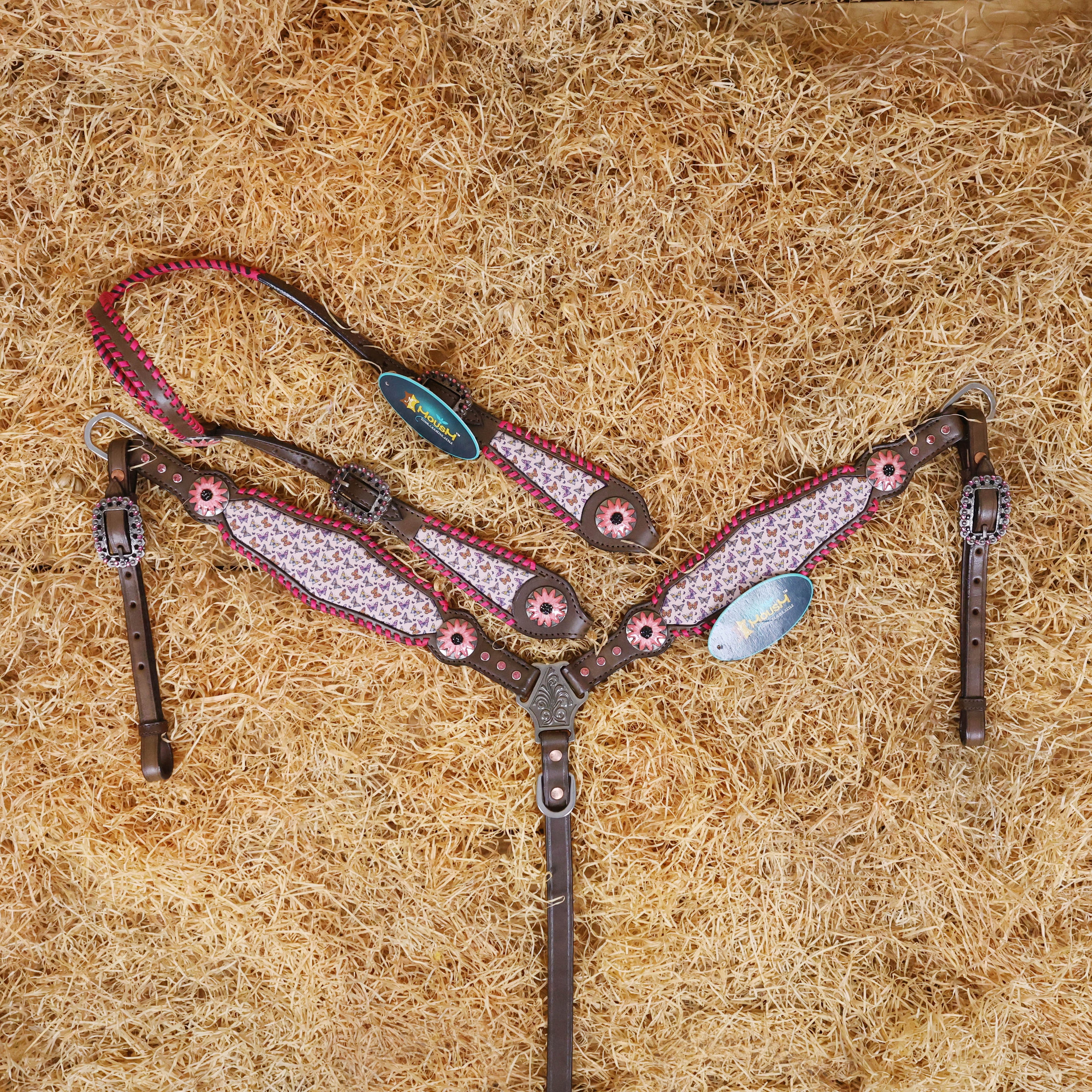 MOUSM Argentina Cow Leather Western Headstall & Breast Collar Tack Set Decorated with Beautiful Printed Butterflies Inlay with Pink Stitching & Flower Conchos
