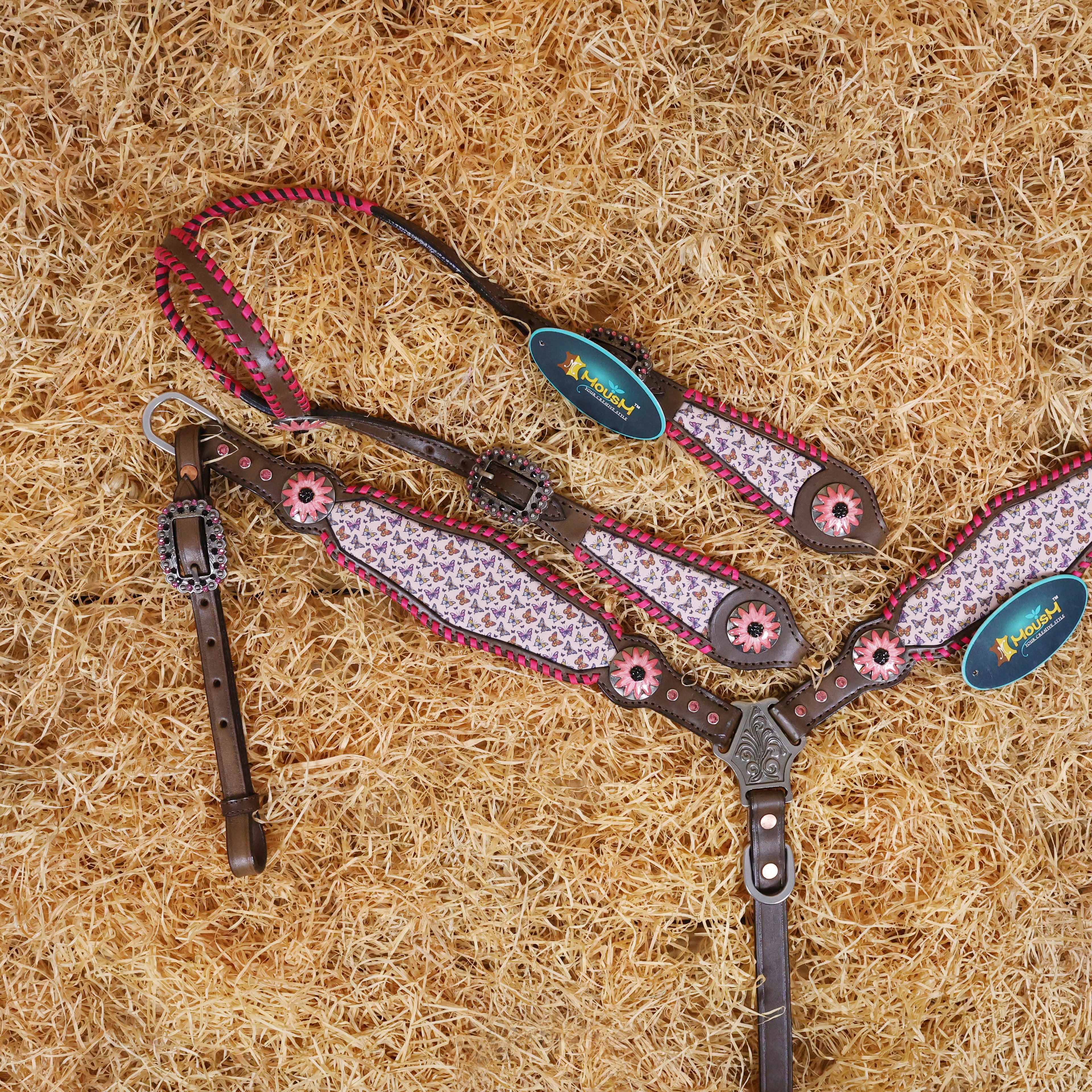 MOUSM Argentina Cow Leather Western Headstall & Breast Collar Tack Set Decorated with Beautiful Printed Butterflies Inlay with Pink Stitching & Flower Conchos