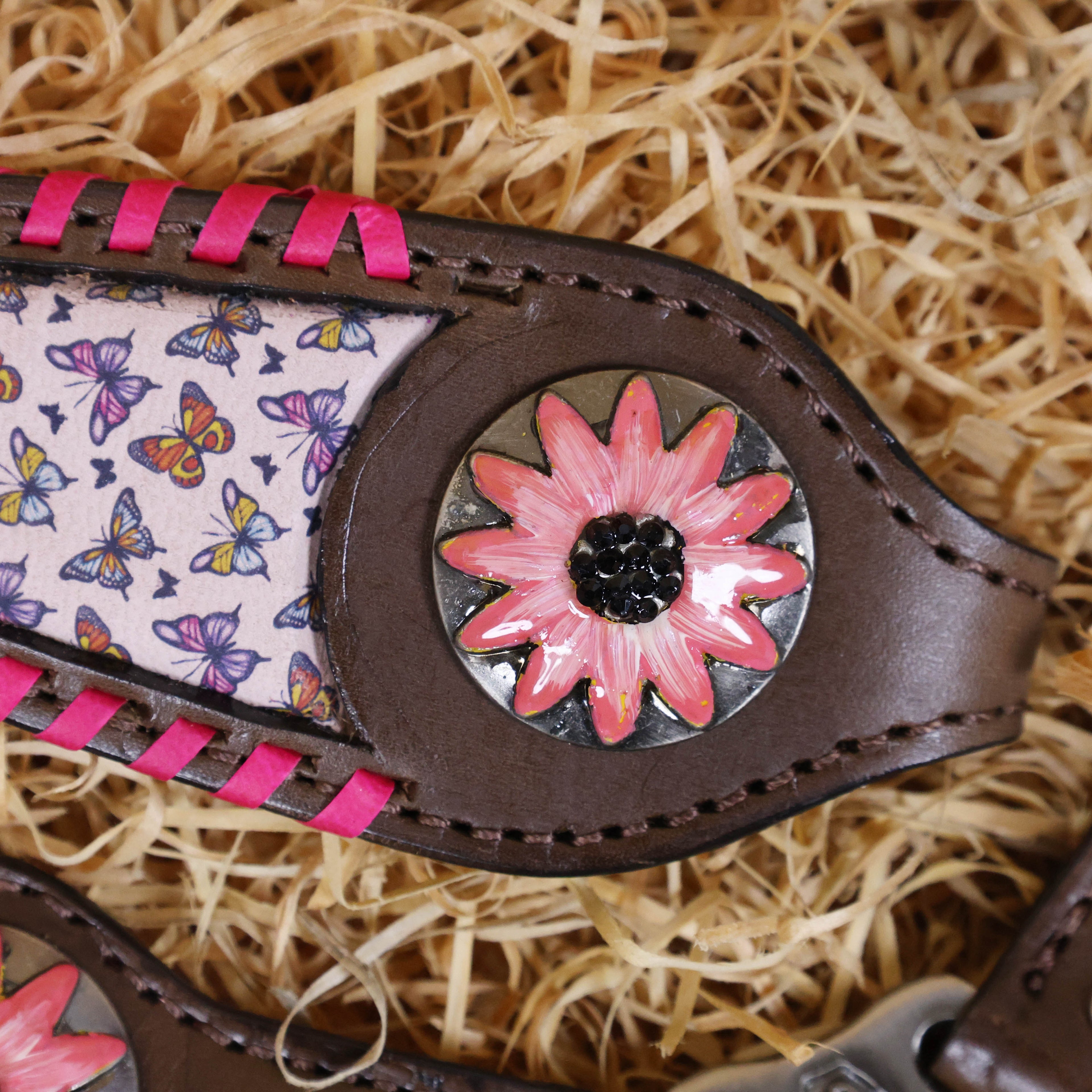MOUSM Argentina Cow Leather Western Headstall & Breast Collar Tack Set Decorated with Beautiful Printed Butterflies Inlay with Pink Stitching & Flower Conchos