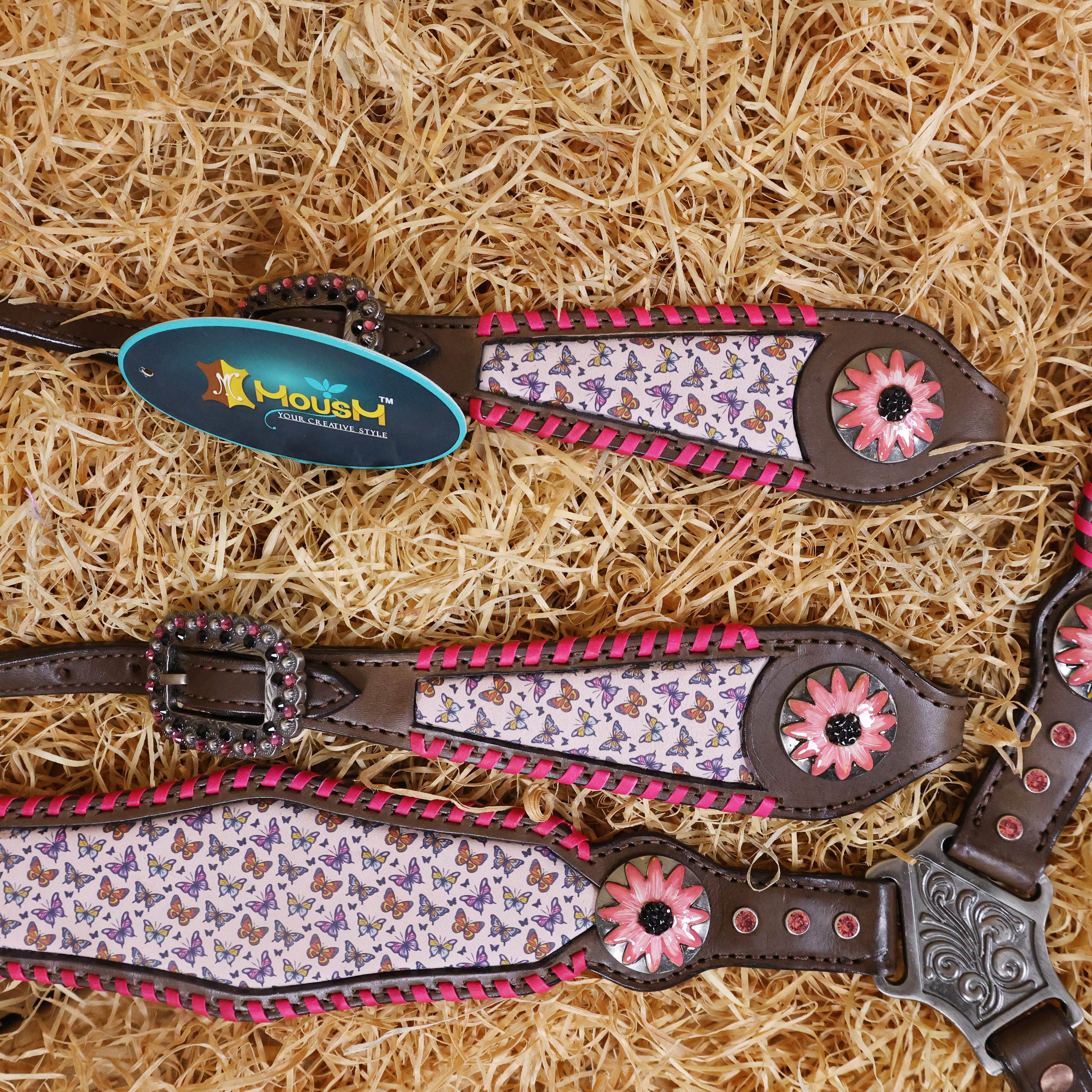 MOUSM Argentina Cow Leather Western Headstall & Breast Collar Tack Set Decorated with Beautiful Printed Butterflies Inlay with Pink Stitching & Flower Conchos