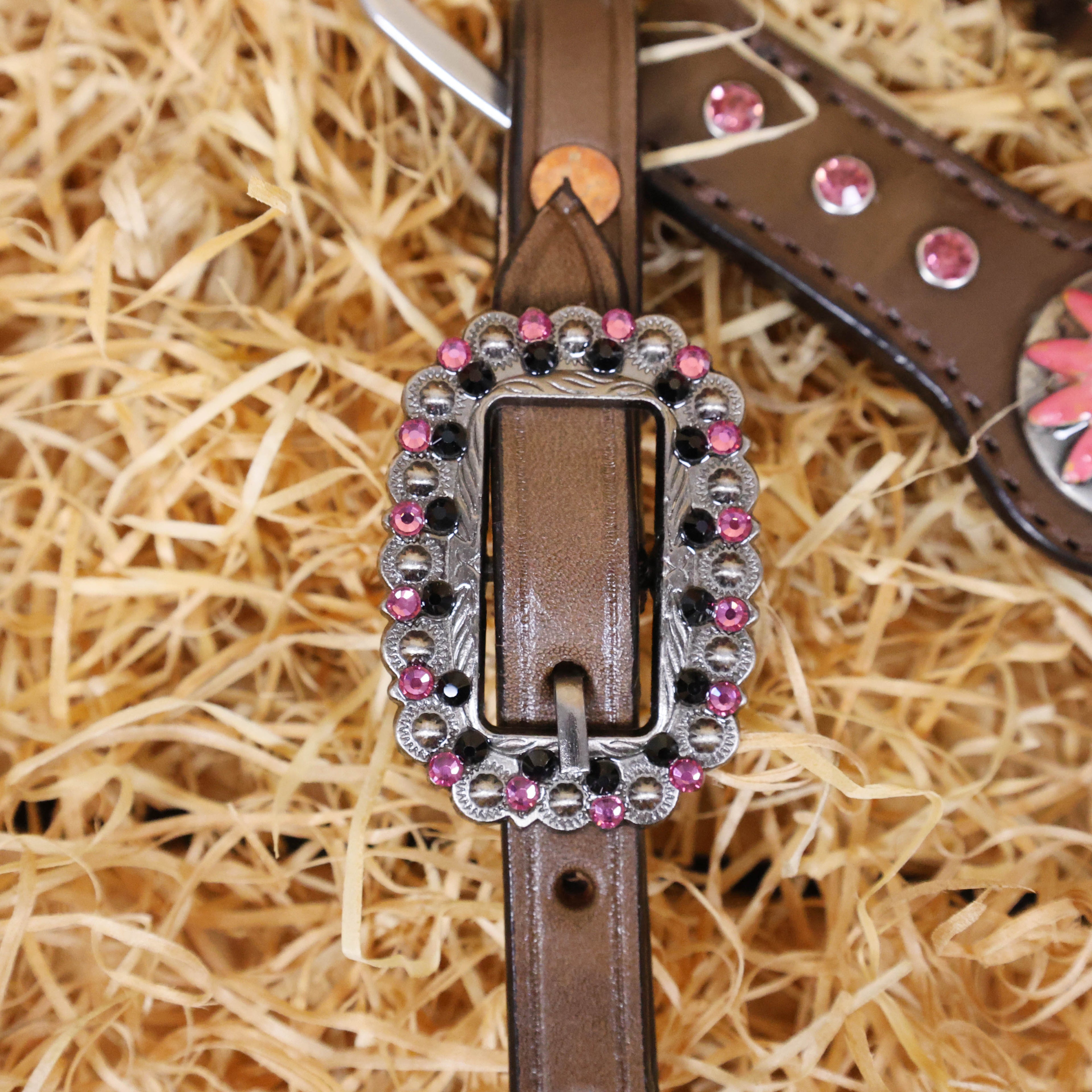 MOUSM Argentina Cow Leather Western Headstall & Breast Collar Tack Set Decorated with Beautiful Printed Butterflies Inlay with Pink Stitching & Flower Conchos