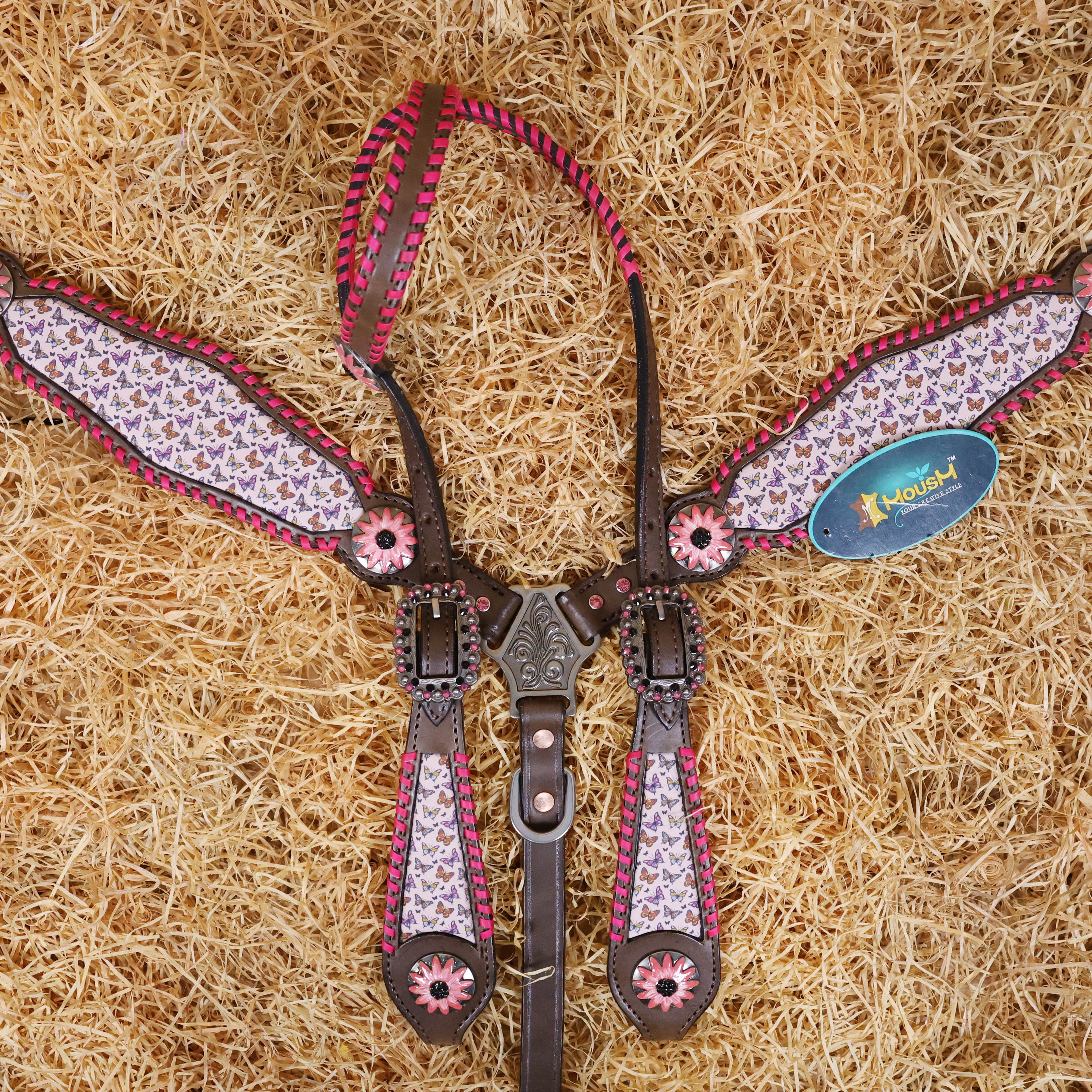 MOUSM Argentina Cow Leather Western Headstall & Breast Collar Tack Set Decorated with Beautiful Printed Butterflies Inlay with Pink Stitching & Flower Conchos