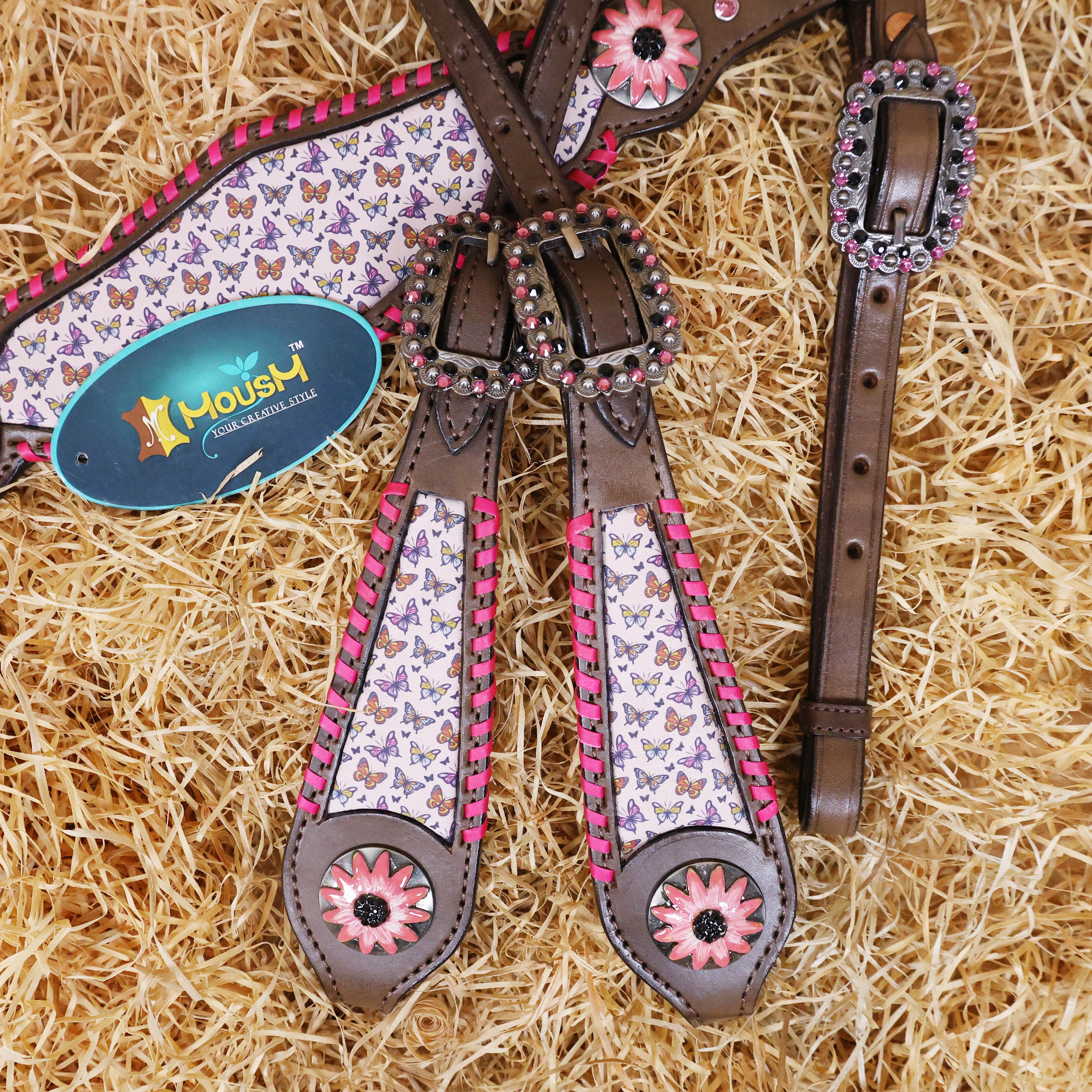 MOUSM Argentina Cow Leather Western Headstall & Breast Collar Tack Set Decorated with Beautiful Printed Butterflies Inlay with Pink Stitching & Flower Conchos