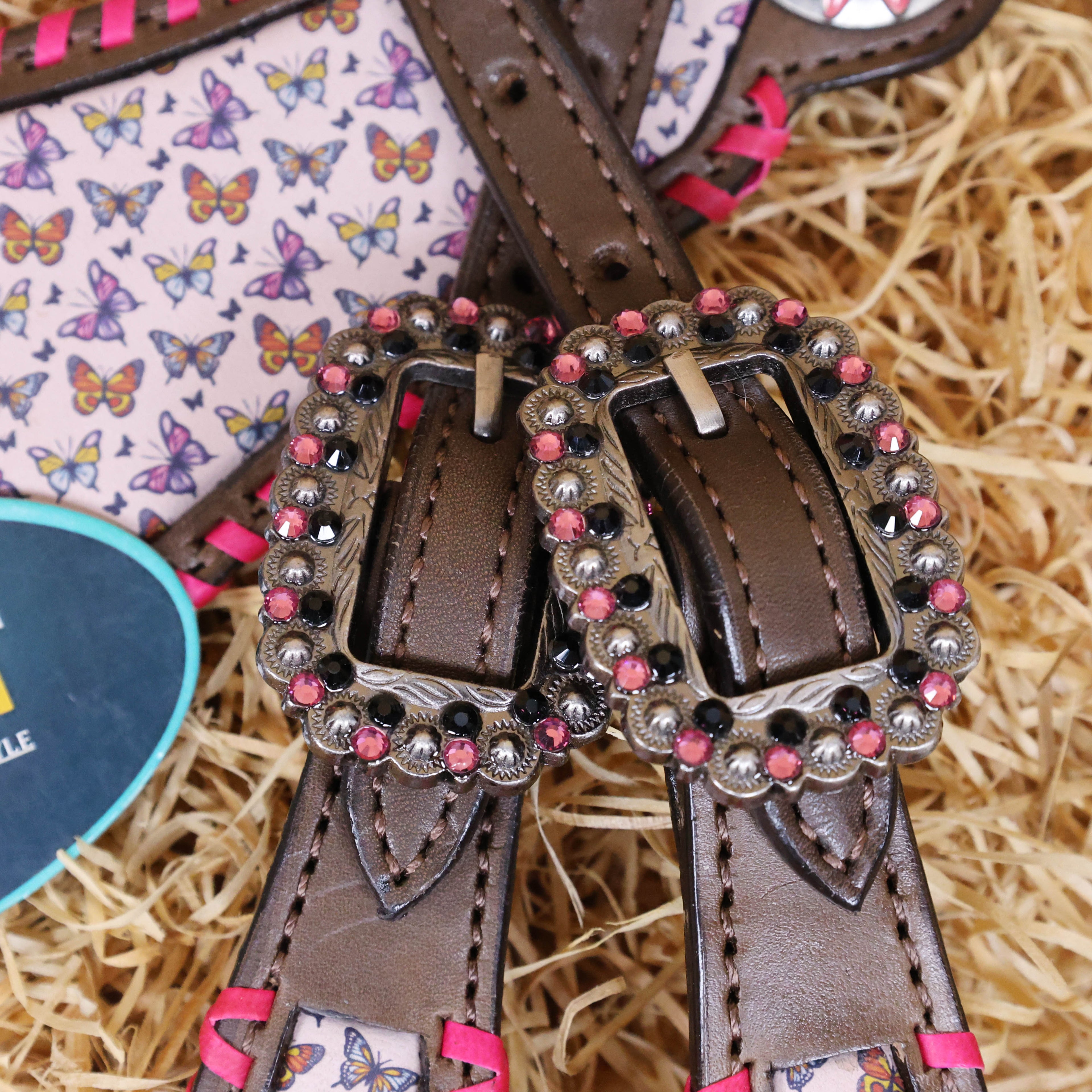 MOUSM Argentina Cow Leather Western Headstall & Breast Collar Tack Set Decorated with Beautiful Printed Butterflies Inlay with Pink Stitching & Flower Conchos