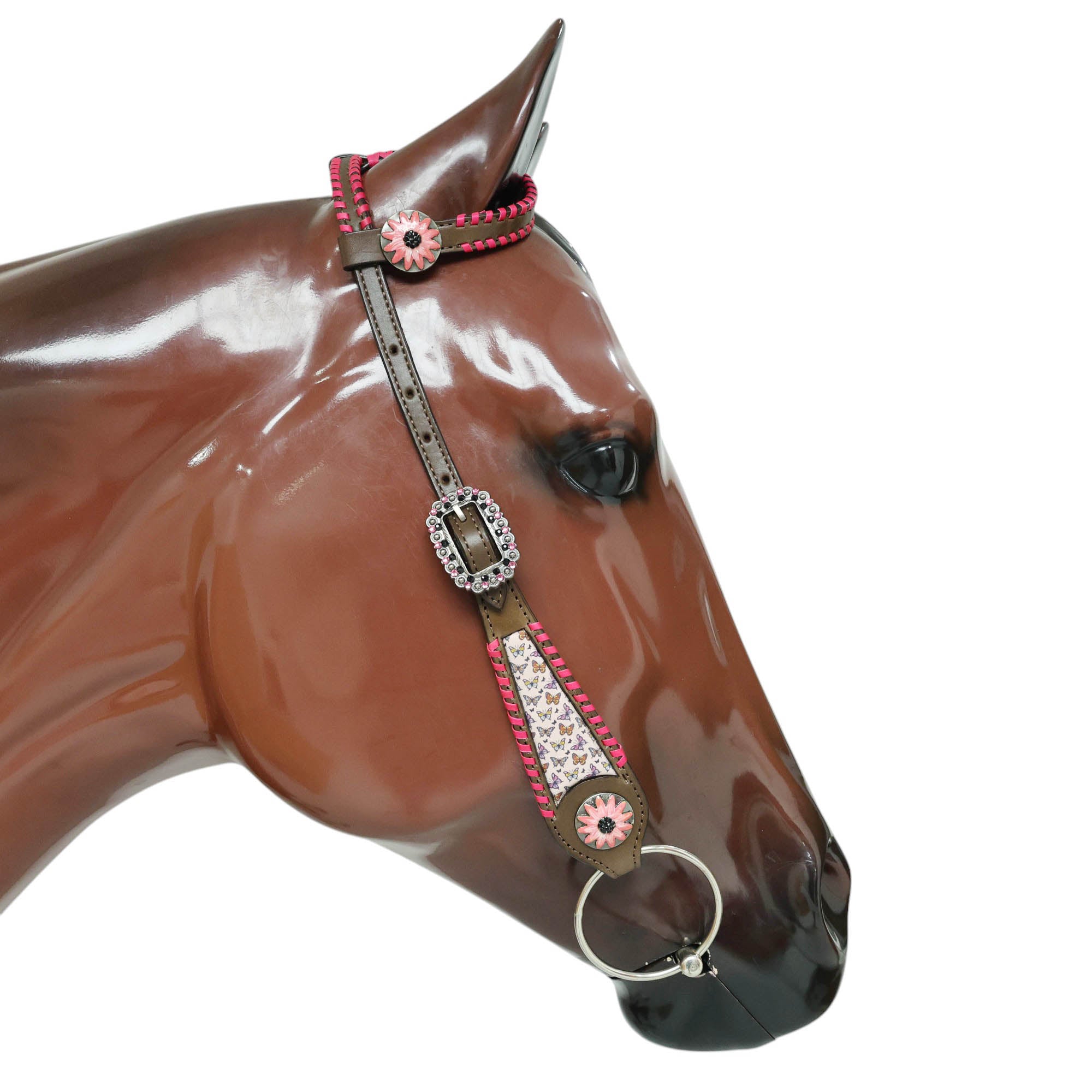 MOUSM Argentina Cow Leather Western Headstall & Breast Collar Tack Set Decorated with Beautiful Printed Butterflies Inlay with Pink Stitching & Flower Conchos