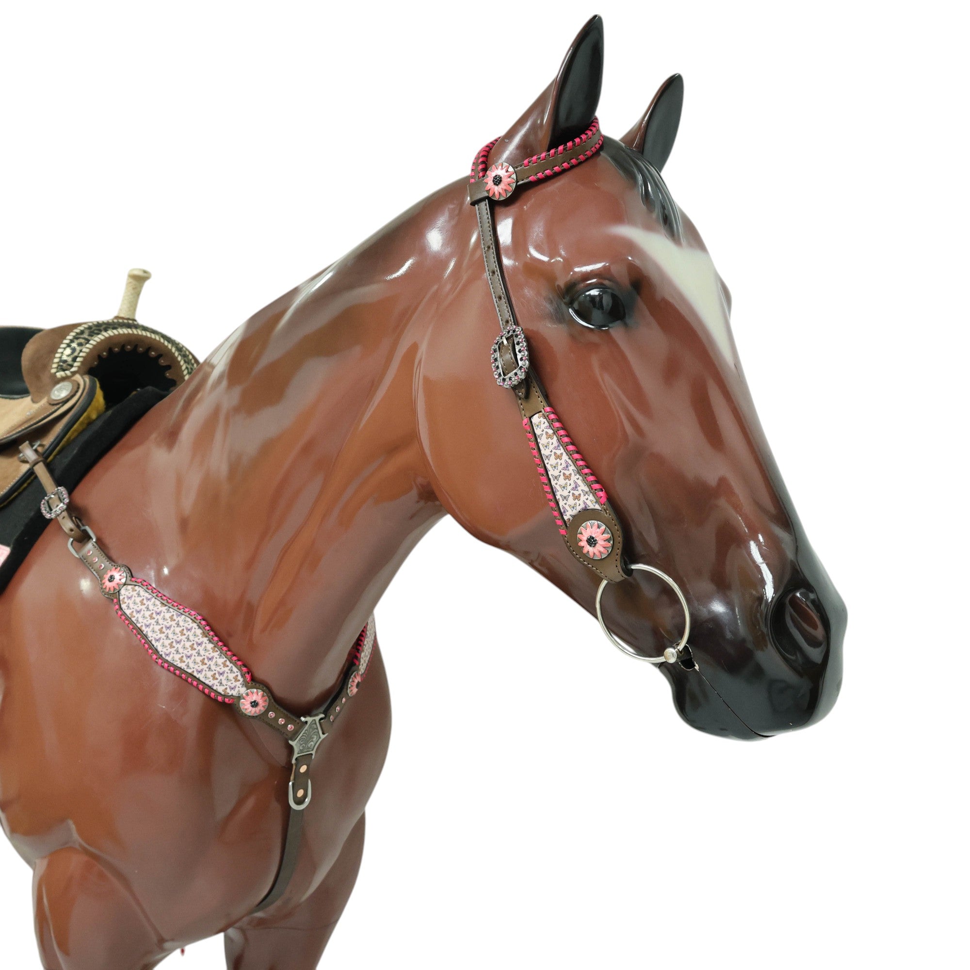 MOUSM Argentina Cow Leather Western Headstall & Breast Collar Tack Set Decorated with Beautiful Printed Butterflies Inlay with Pink Stitching & Flower Conchos