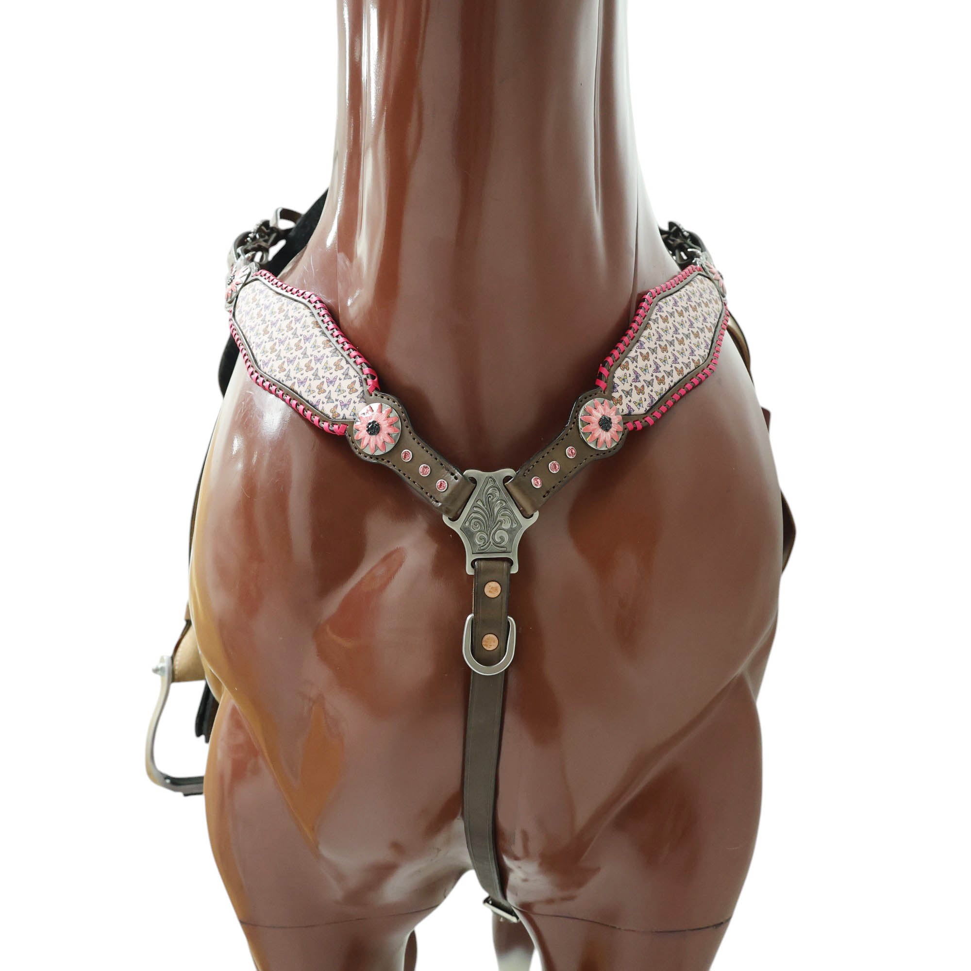 MOUSM Argentina Cow Leather Western Headstall & Breast Collar Tack Set Decorated with Beautiful Printed Butterflies Inlay with Pink Stitching & Flower Conchos