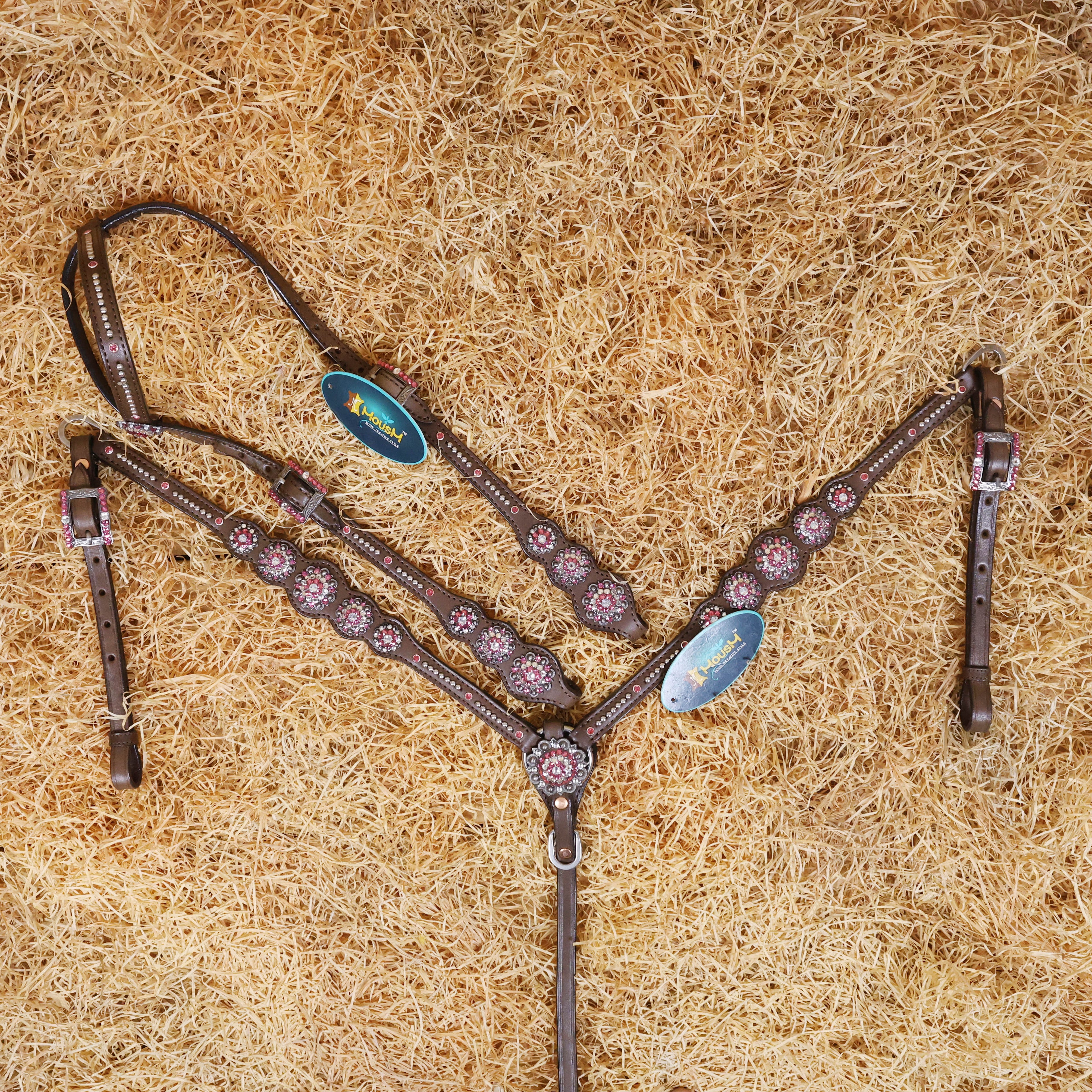 MOUSM Argentina Cow Leather Western Leather Headstall and Breast Collar Tack Set with Sleek Symmetric Design, Silver Metal Beads, Unique Flower Conchos, and Buckle with Pink and White Clear Stone