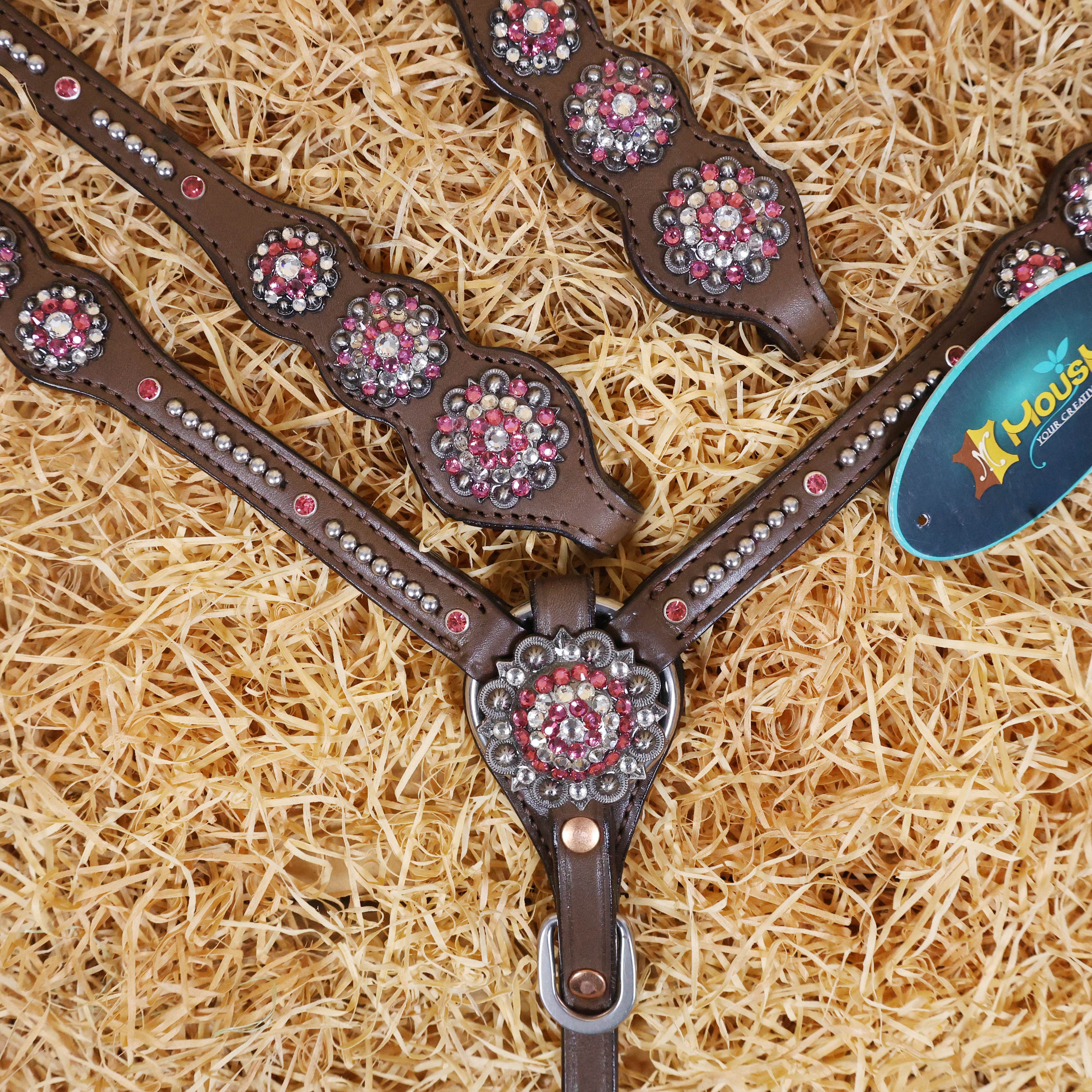 MOUSM Argentina Cow Leather Western Leather Headstall and Breast Collar Tack Set with Sleek Symmetric Design, Silver Metal Beads, Unique Flower Conchos, and Buckle with Pink and White Clear Stone