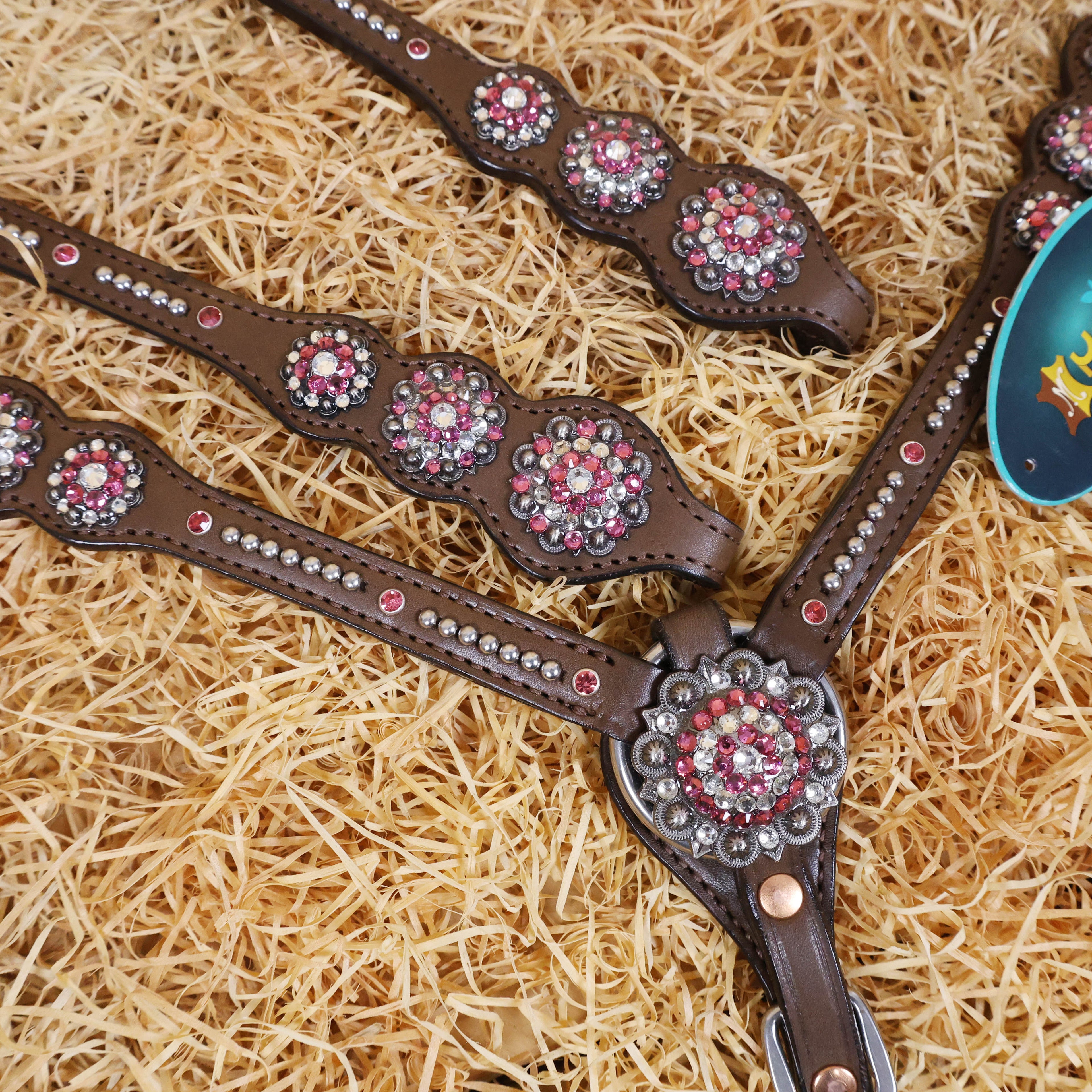 MOUSM Argentina Cow Leather Western Leather Headstall and Breast Collar Tack Set with Sleek Symmetric Design, Silver Metal Beads, Unique Flower Conchos, and Buckle with Pink and White Clear Stone