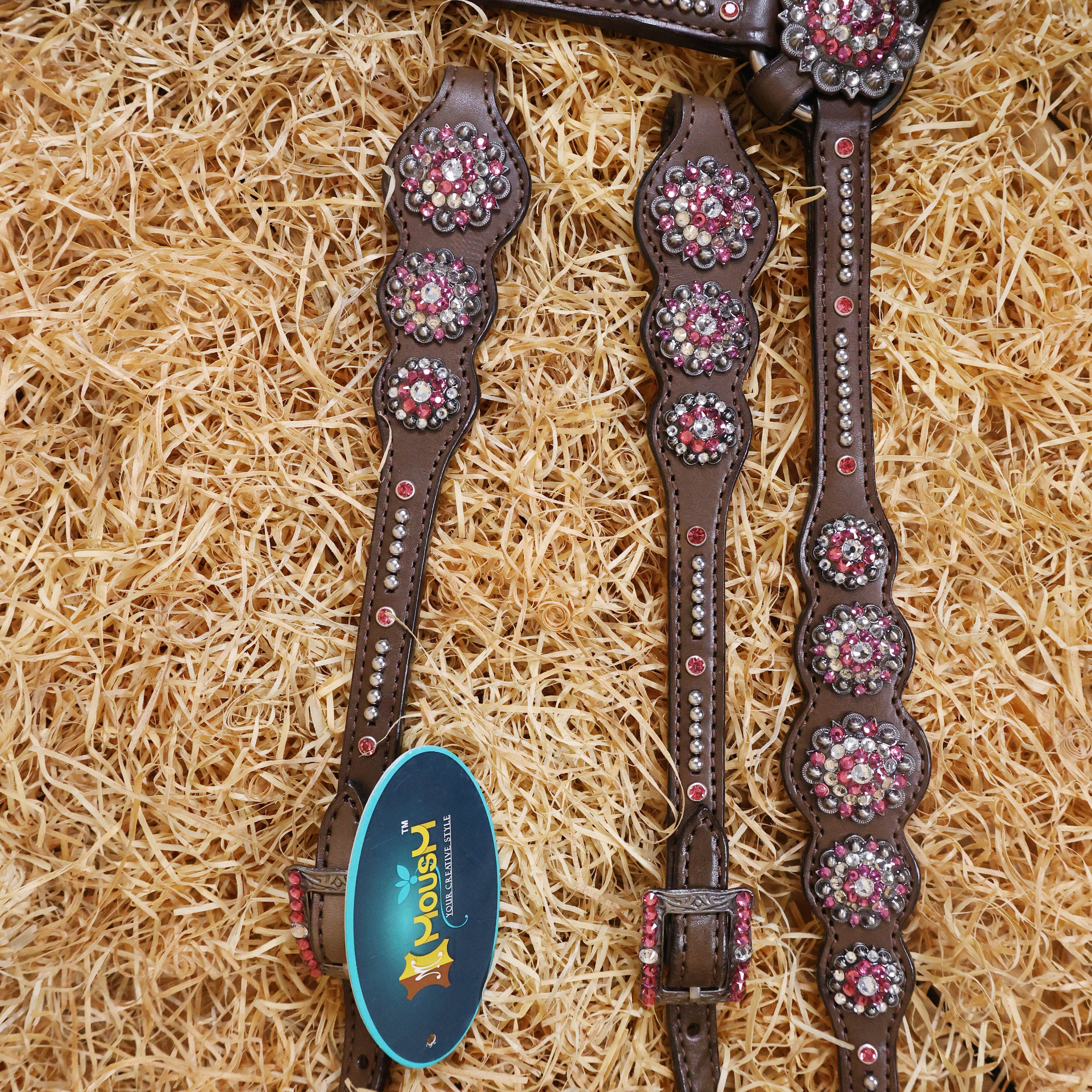 MOUSM Argentina Cow Leather Western Leather Headstall and Breast Collar Tack Set with Sleek Symmetric Design, Silver Metal Beads, Unique Flower Conchos, and Buckle with Pink and White Clear Stone