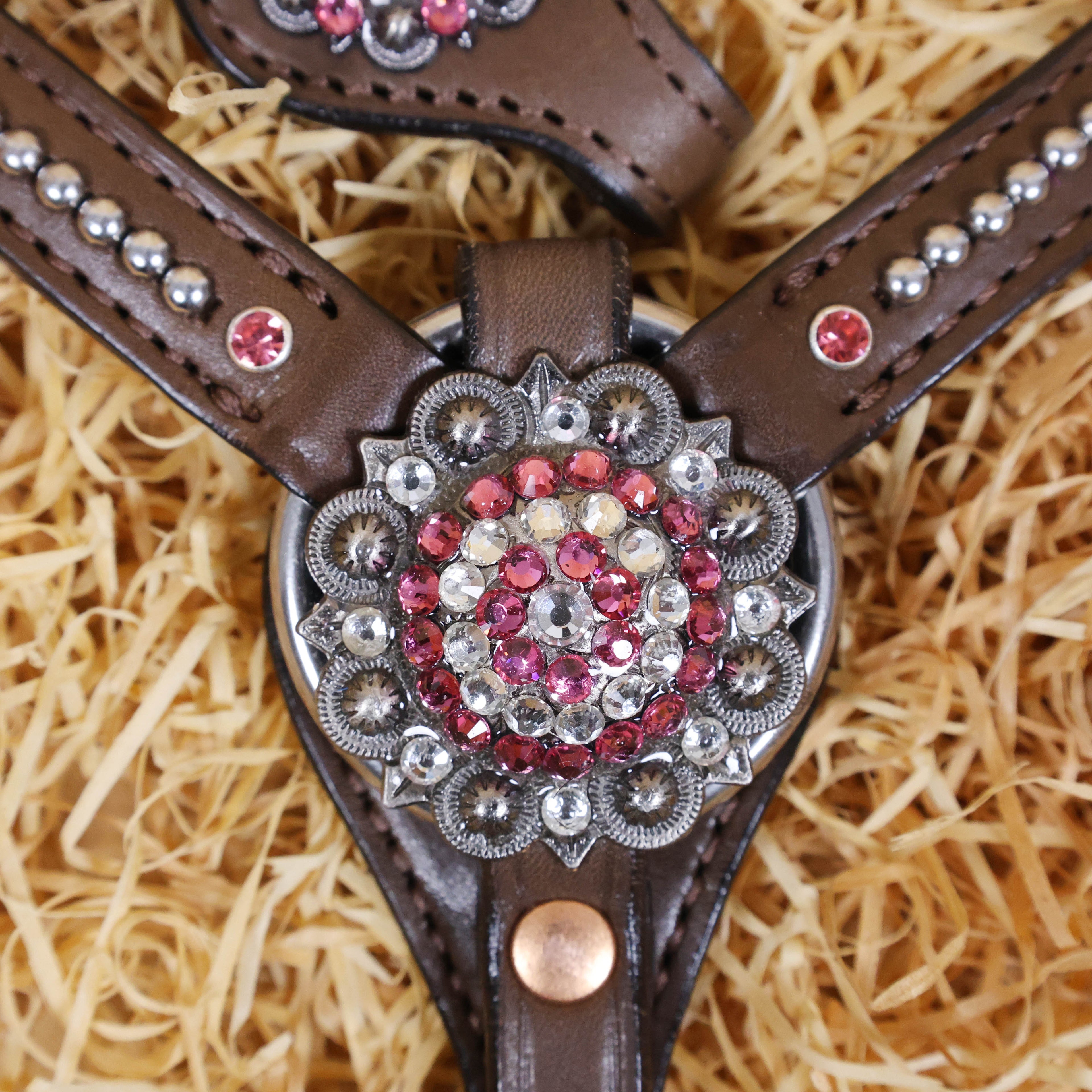 MOUSM Argentina Cow Leather Western Leather Headstall and Breast Collar Tack Set with Sleek Symmetric Design, Silver Metal Beads, Unique Flower Conchos, and Buckle with Pink and White Clear Stone