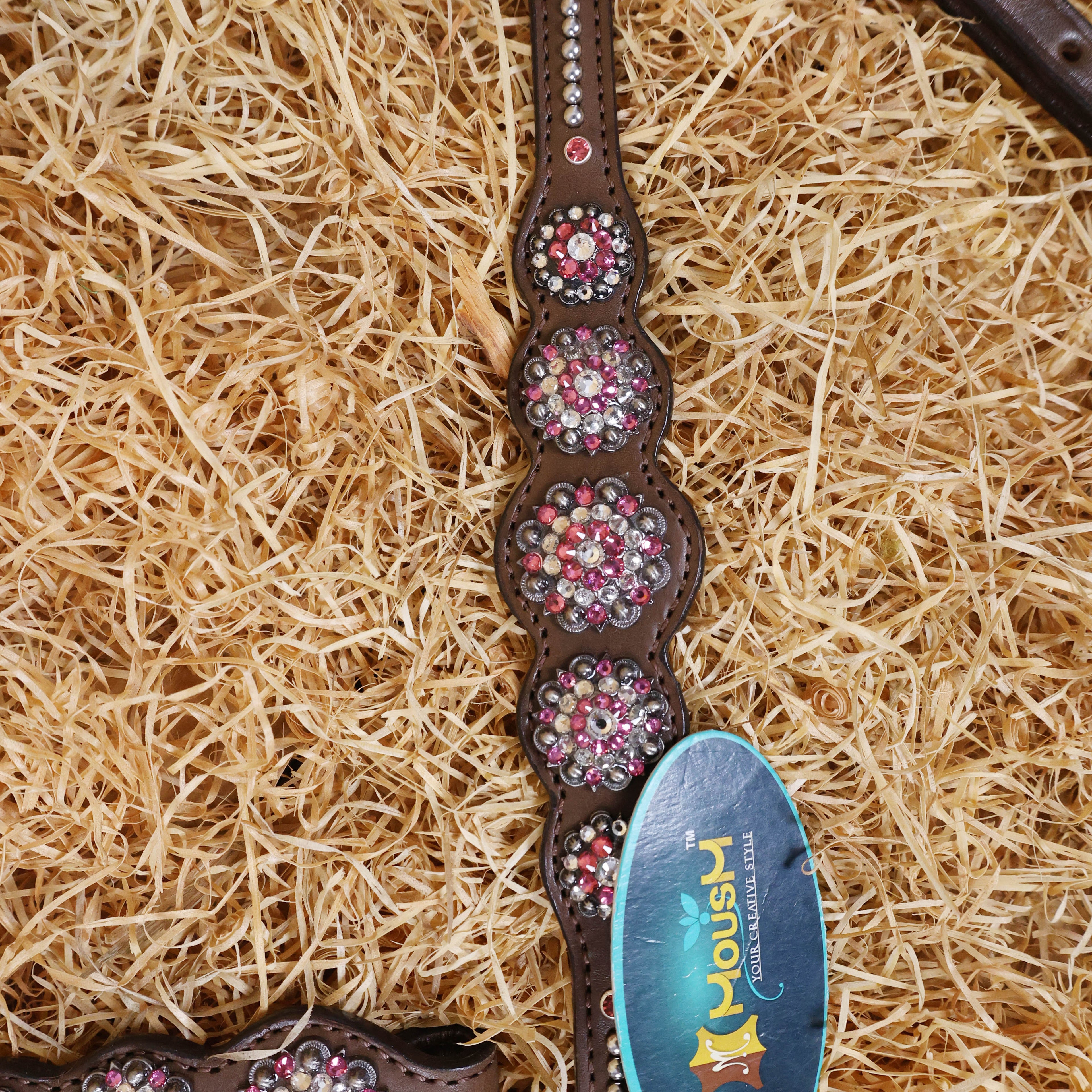 MOUSM Argentina Cow Leather Western Leather Headstall and Breast Collar Tack Set with Sleek Symmetric Design, Silver Metal Beads, Unique Flower Conchos, and Buckle with Pink and White Clear Stone