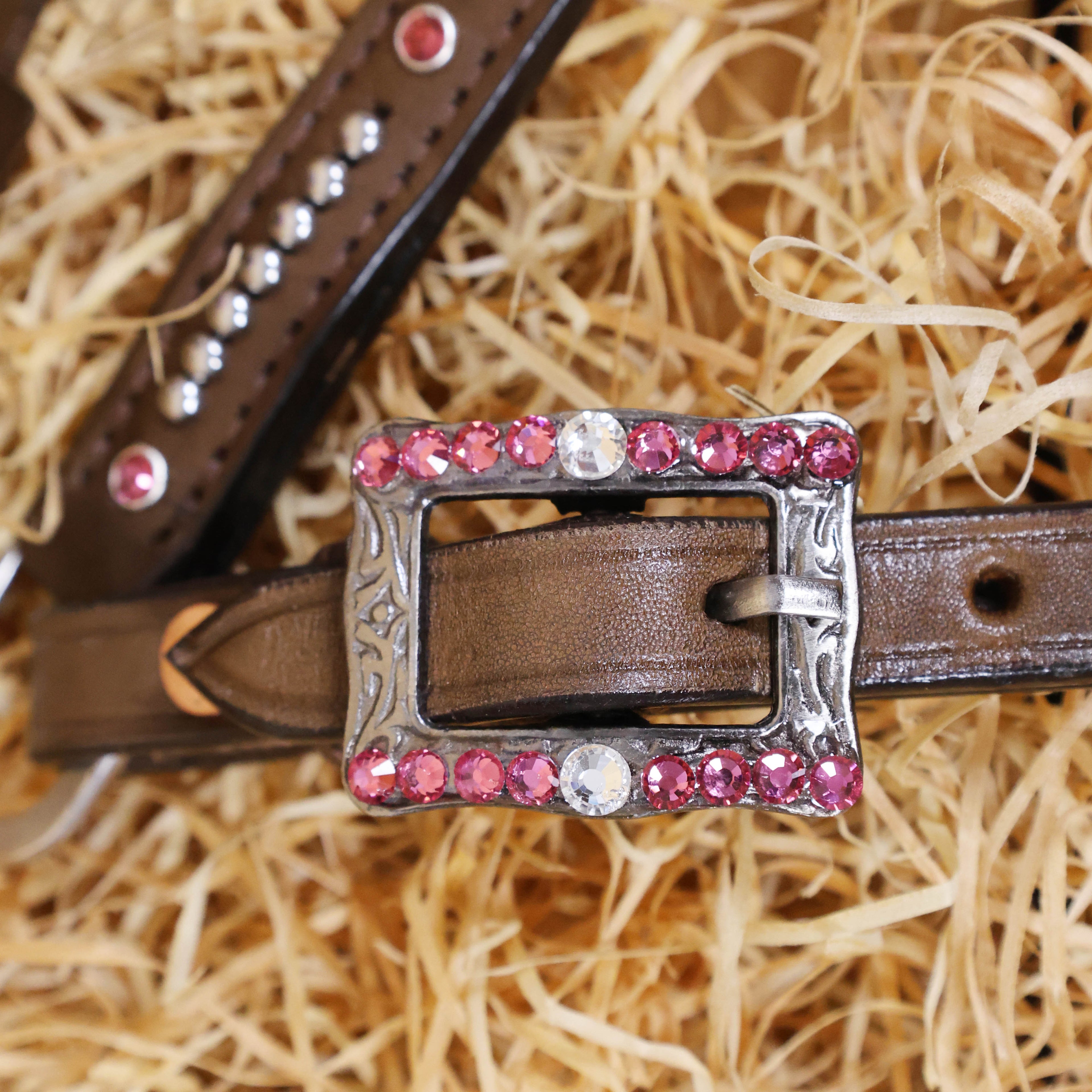 MOUSM Argentina Cow Leather Western Leather Headstall and Breast Collar Tack Set with Sleek Symmetric Design, Silver Metal Beads, Unique Flower Conchos, and Buckle with Pink and White Clear Stone