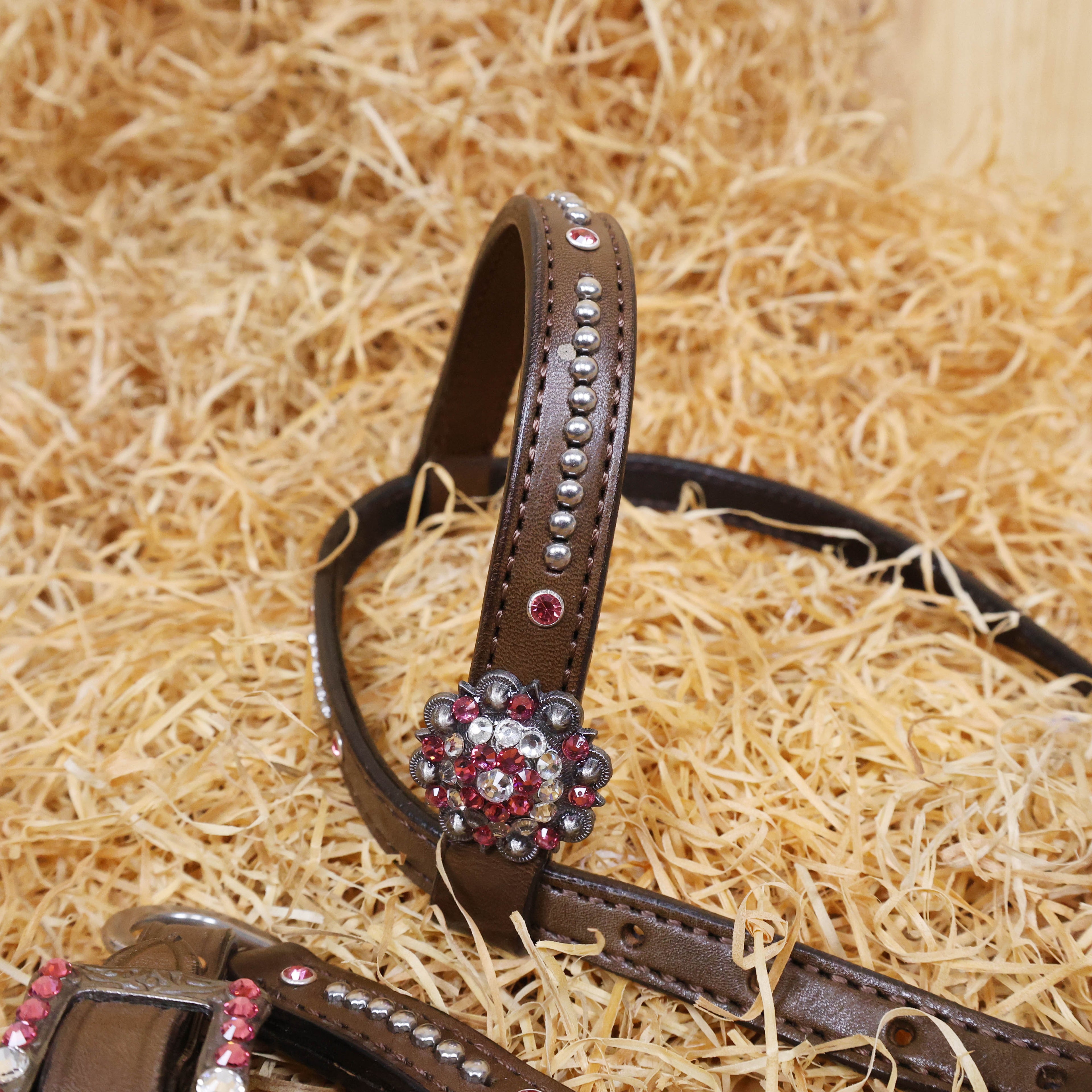 MOUSM Argentina Cow Leather Western Leather Headstall and Breast Collar Tack Set with Sleek Symmetric Design, Silver Metal Beads, Unique Flower Conchos, and Buckle with Pink and White Clear Stone