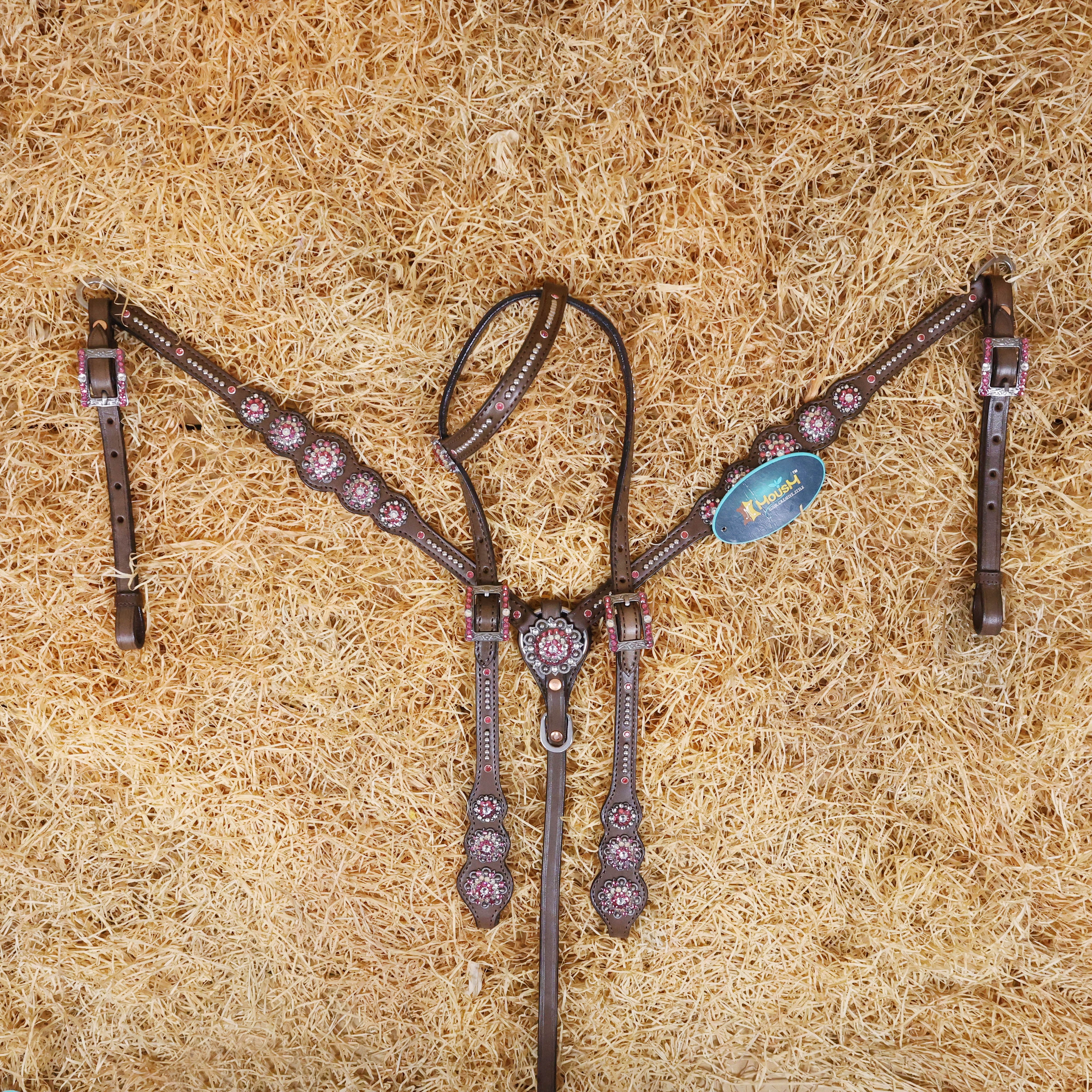 MOUSM Argentina Cow Leather Western Leather Headstall and Breast Collar Tack Set with Sleek Symmetric Design, Silver Metal Beads, Unique Flower Conchos, and Buckle with Pink and White Clear Stone