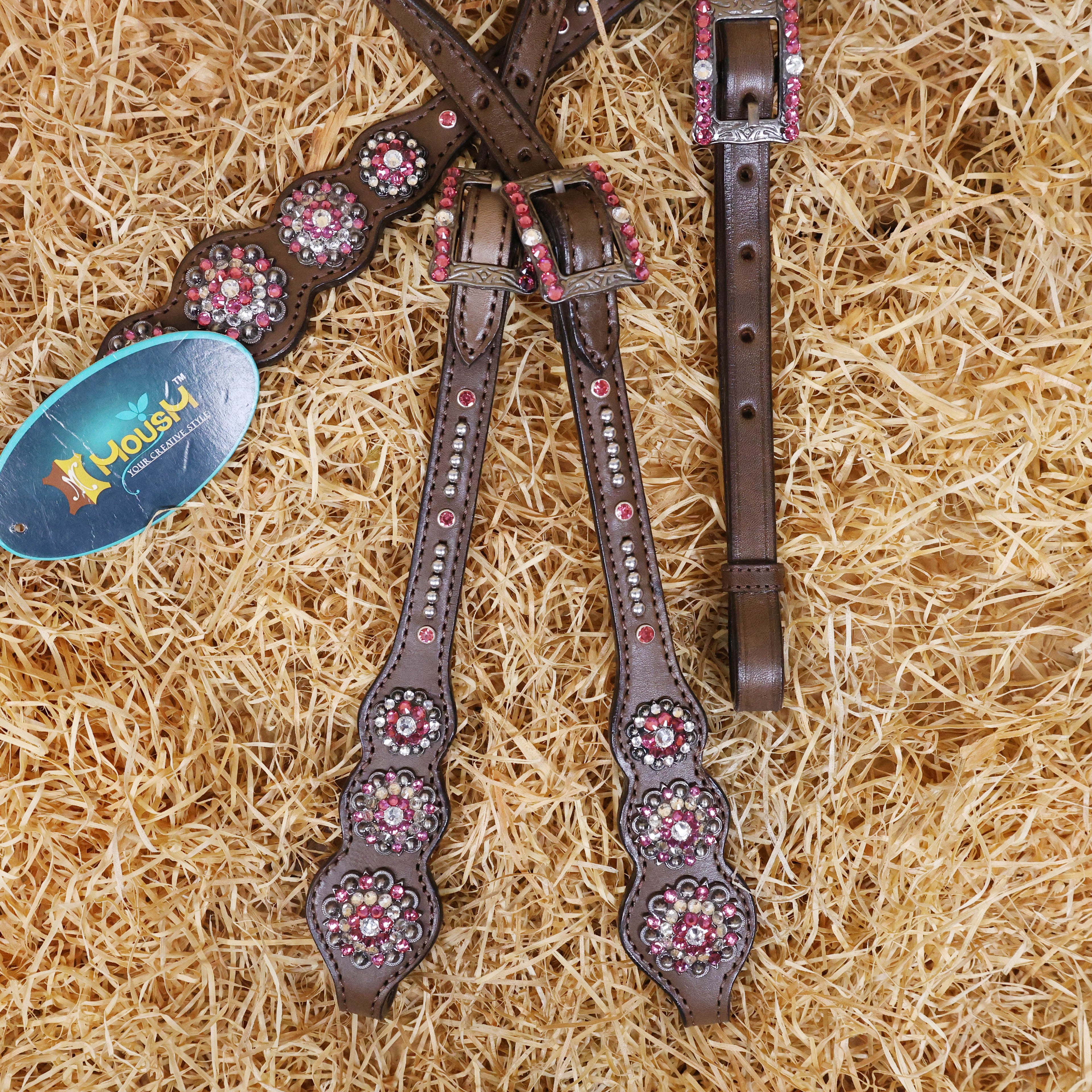 MOUSM Argentina Cow Leather Western Leather Headstall and Breast Collar Tack Set with Sleek Symmetric Design, Silver Metal Beads, Unique Flower Conchos, and Buckle with Pink and White Clear Stone