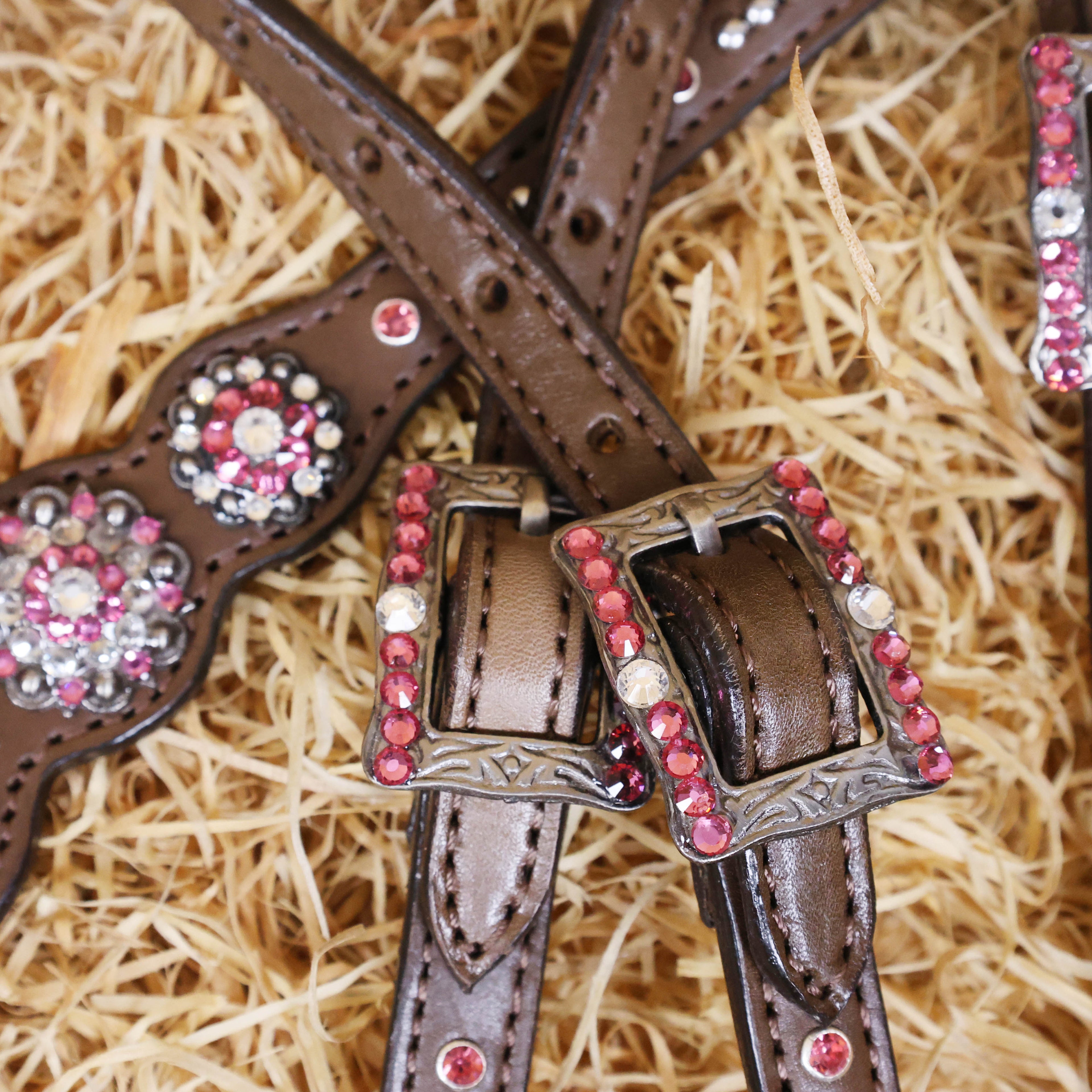 MOUSM Argentina Cow Leather Western Leather Headstall and Breast Collar Tack Set with Sleek Symmetric Design, Silver Metal Beads, Unique Flower Conchos, and Buckle with Pink and White Clear Stone