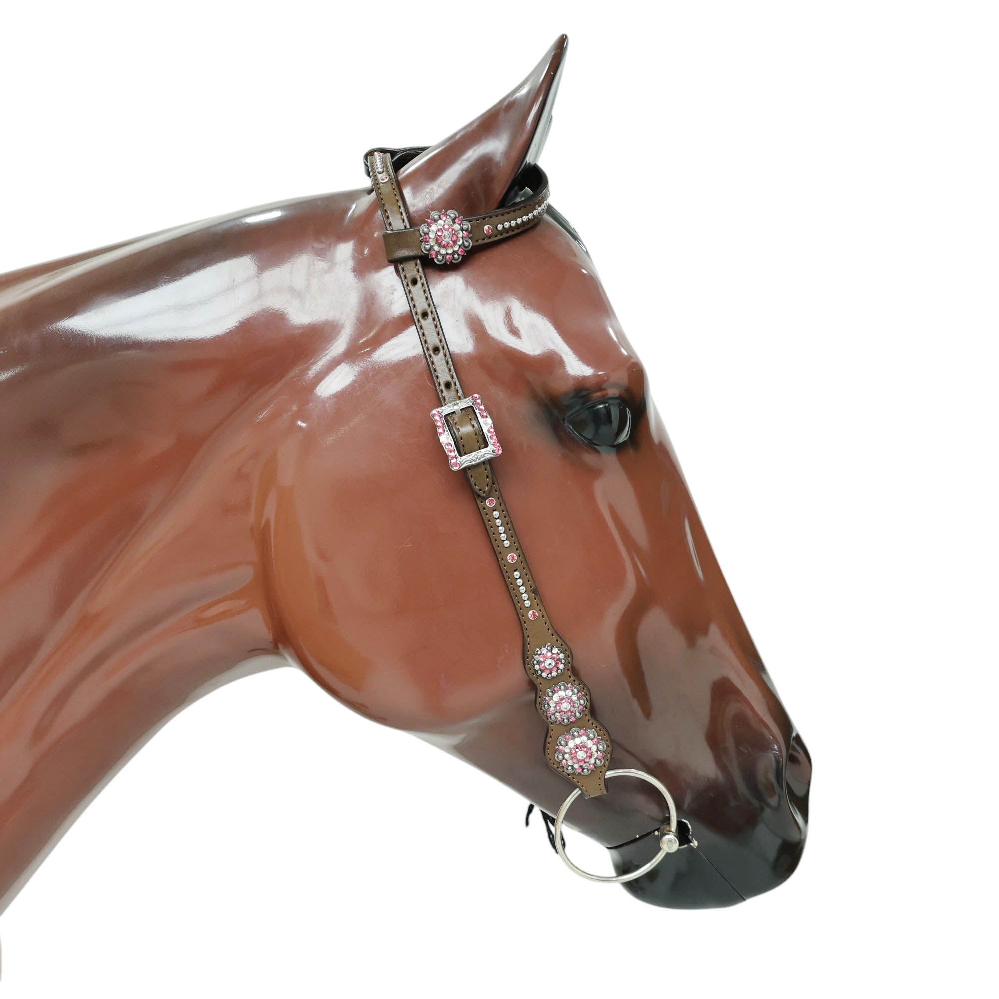 MOUSM Argentina Cow Leather Western Leather Headstall and Breast Collar Tack Set with Sleek Symmetric Design, Silver Metal Beads, Unique Flower Conchos, and Buckle with Pink and White Clear Stone