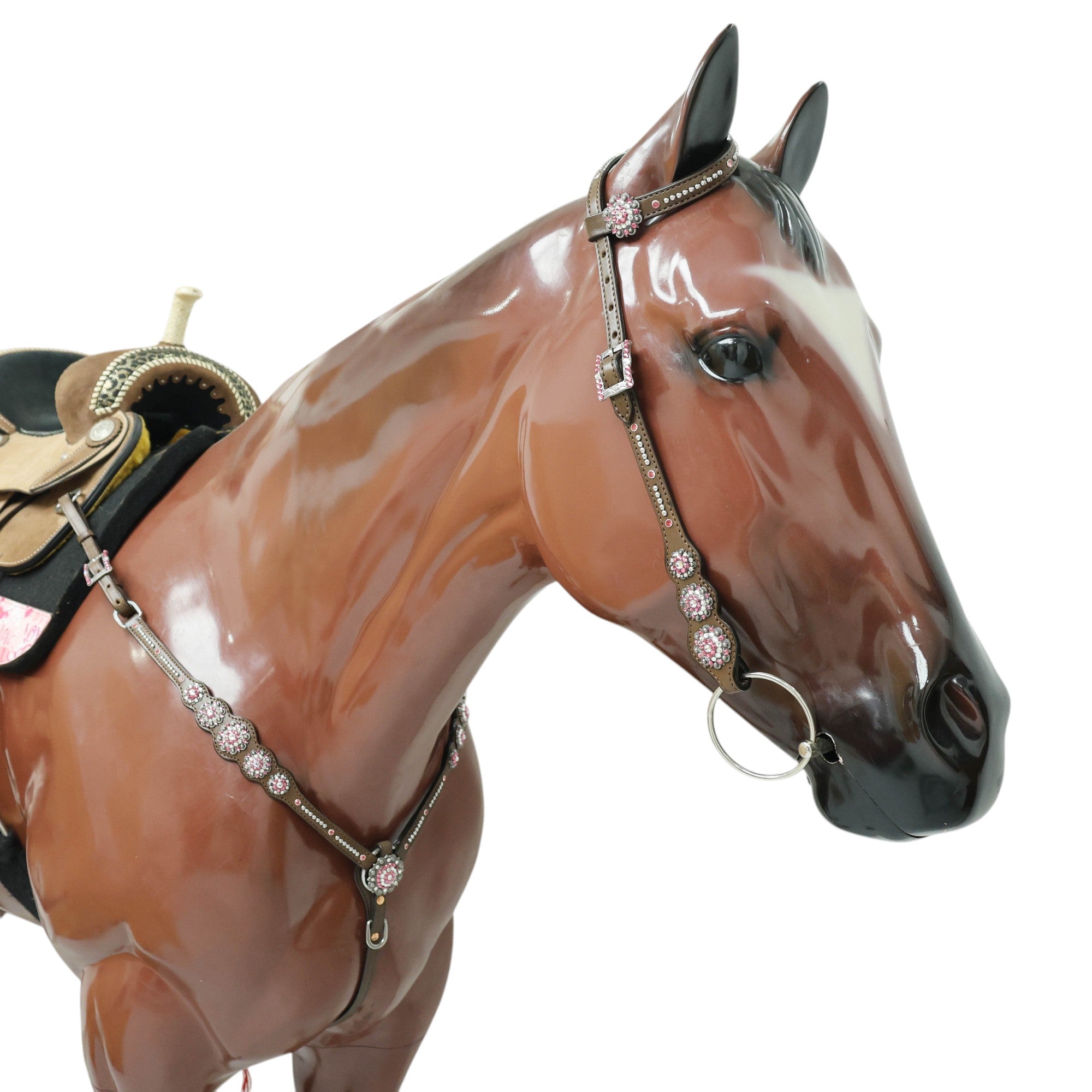 MOUSM Argentina Cow Leather Western Leather Headstall and Breast Collar Tack Set with Sleek Symmetric Design, Silver Metal Beads, Unique Flower Conchos, and Buckle with Pink and White Clear Stone