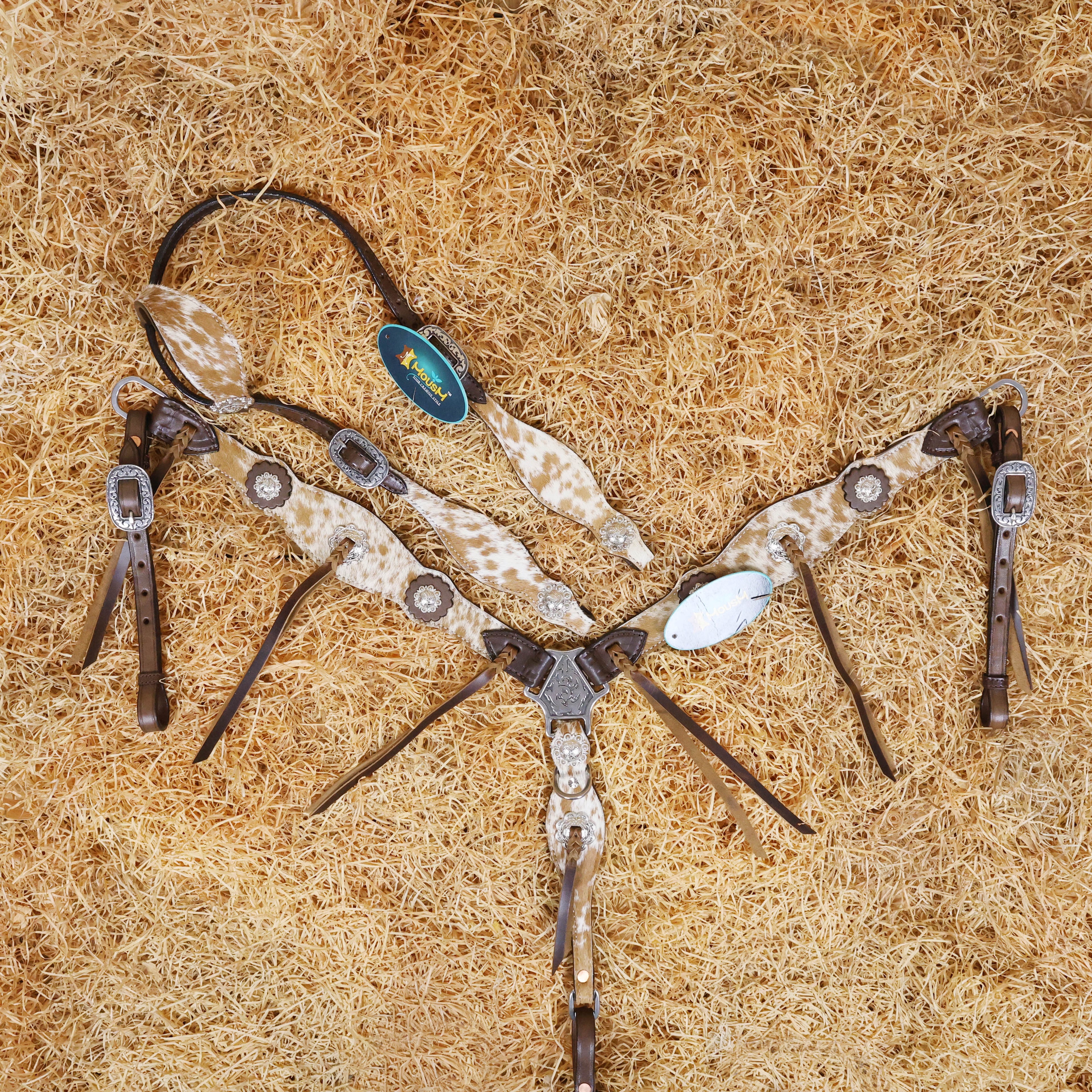 MOUSM Argentina Cow Leather Western Leather Headstall and Breast Collar Tack Set Decorated with Genuine White-Brown Cowhide, Metal Flower Conchos, and Brown Leather Strings