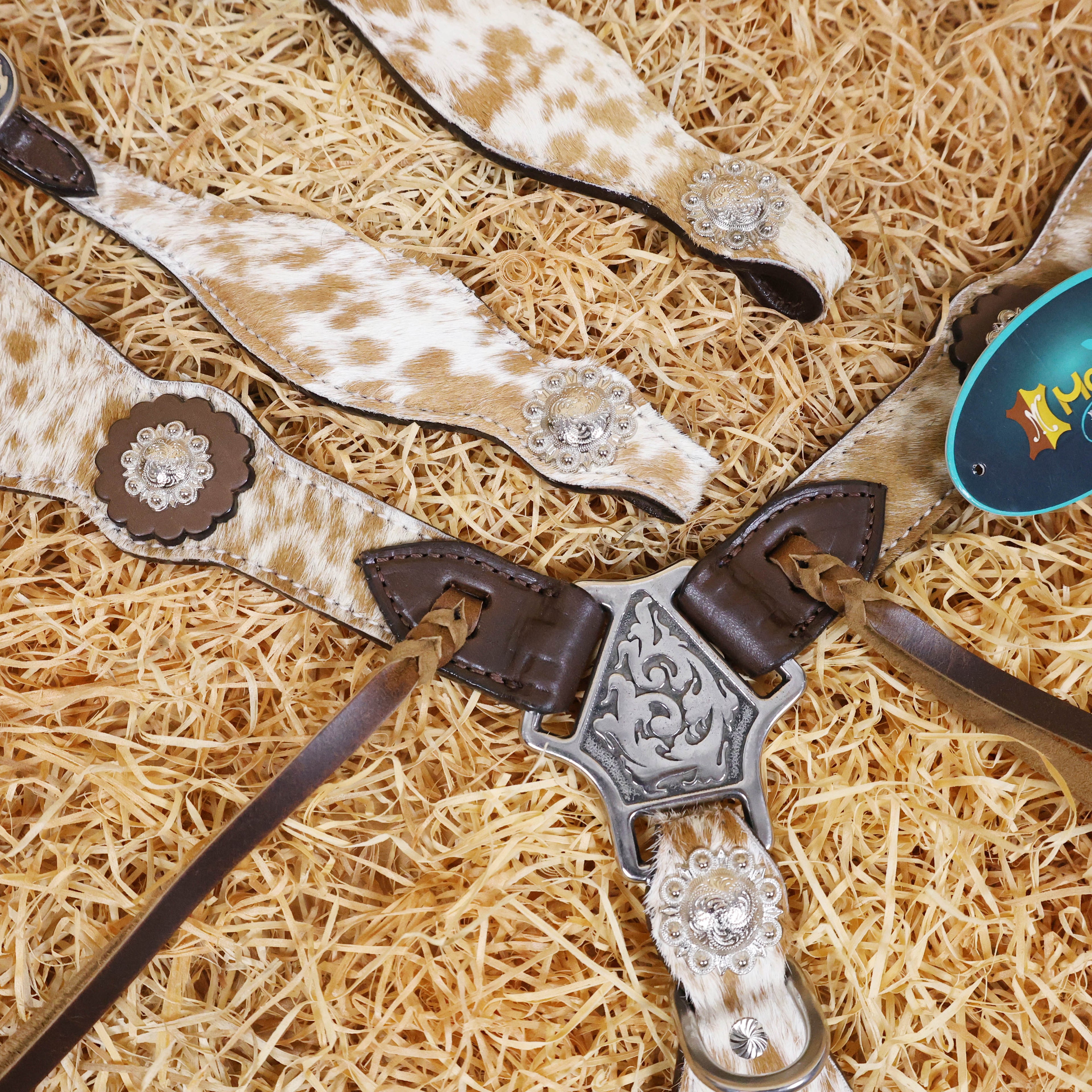 MOUSM Argentina Cow Leather Western Leather Headstall and Breast Collar Tack Set Decorated with Genuine White-Brown Cowhide, Metal Flower Conchos, and Brown Leather Strings