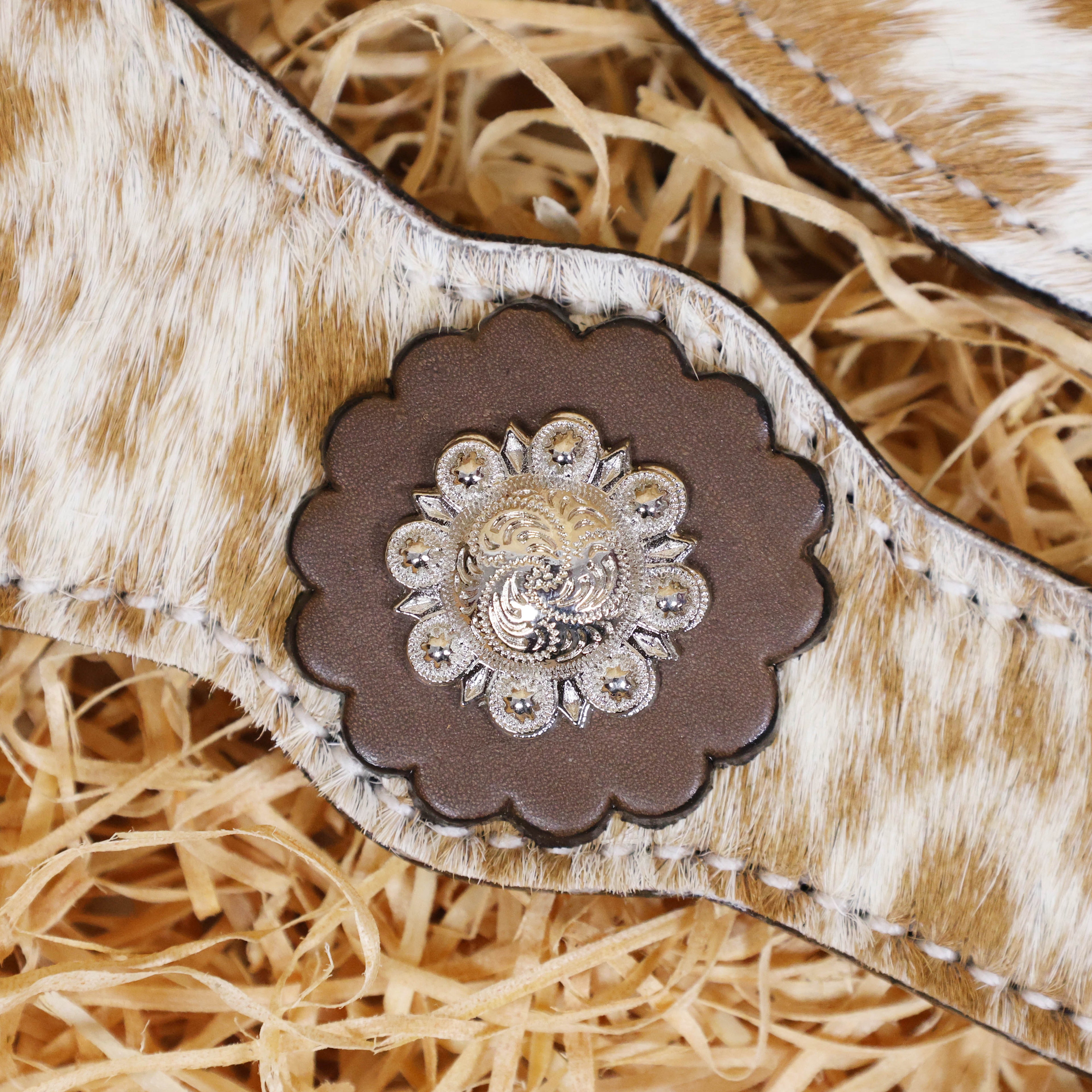 MOUSM Argentina Cow Leather Western Leather Headstall and Breast Collar Tack Set Decorated with Genuine White-Brown Cowhide, Metal Flower Conchos, and Brown Leather Strings