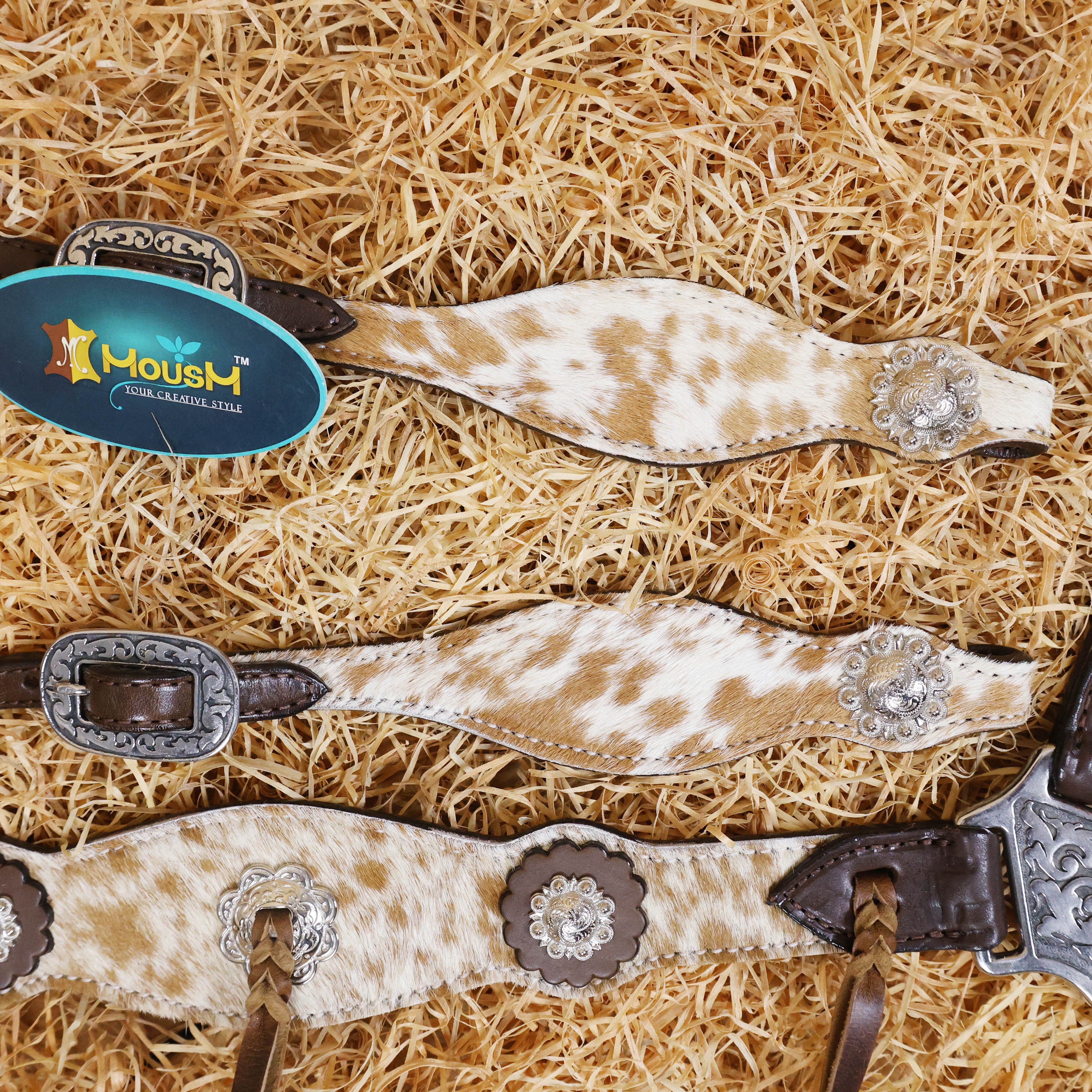 MOUSM Argentina Cow Leather Western Leather Headstall and Breast Collar Tack Set Decorated with Genuine White-Brown Cowhide, Metal Flower Conchos, and Brown Leather Strings