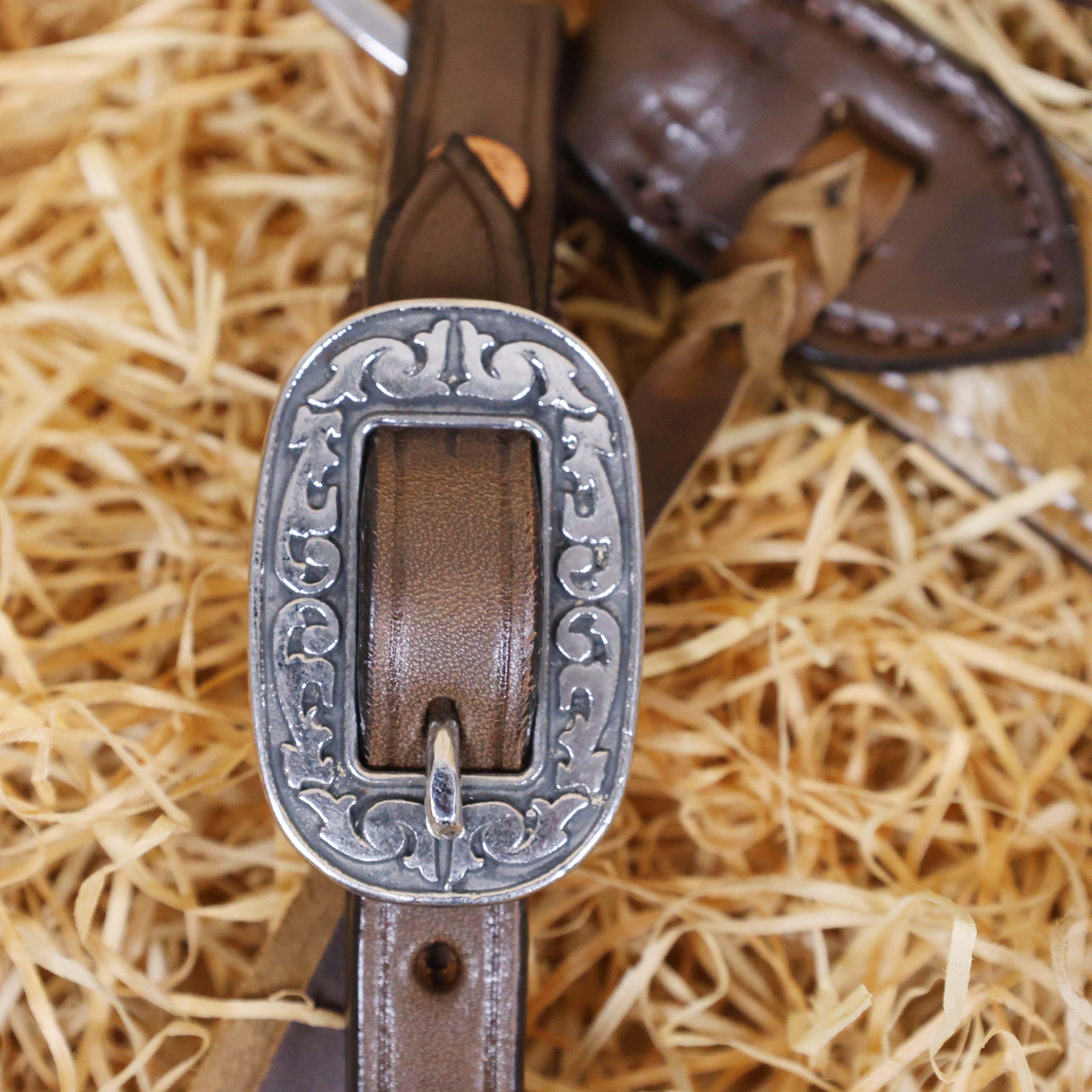MOUSM Argentina Cow Leather Western Leather Headstall and Breast Collar Tack Set Decorated with Genuine White-Brown Cowhide, Metal Flower Conchos, and Brown Leather Strings