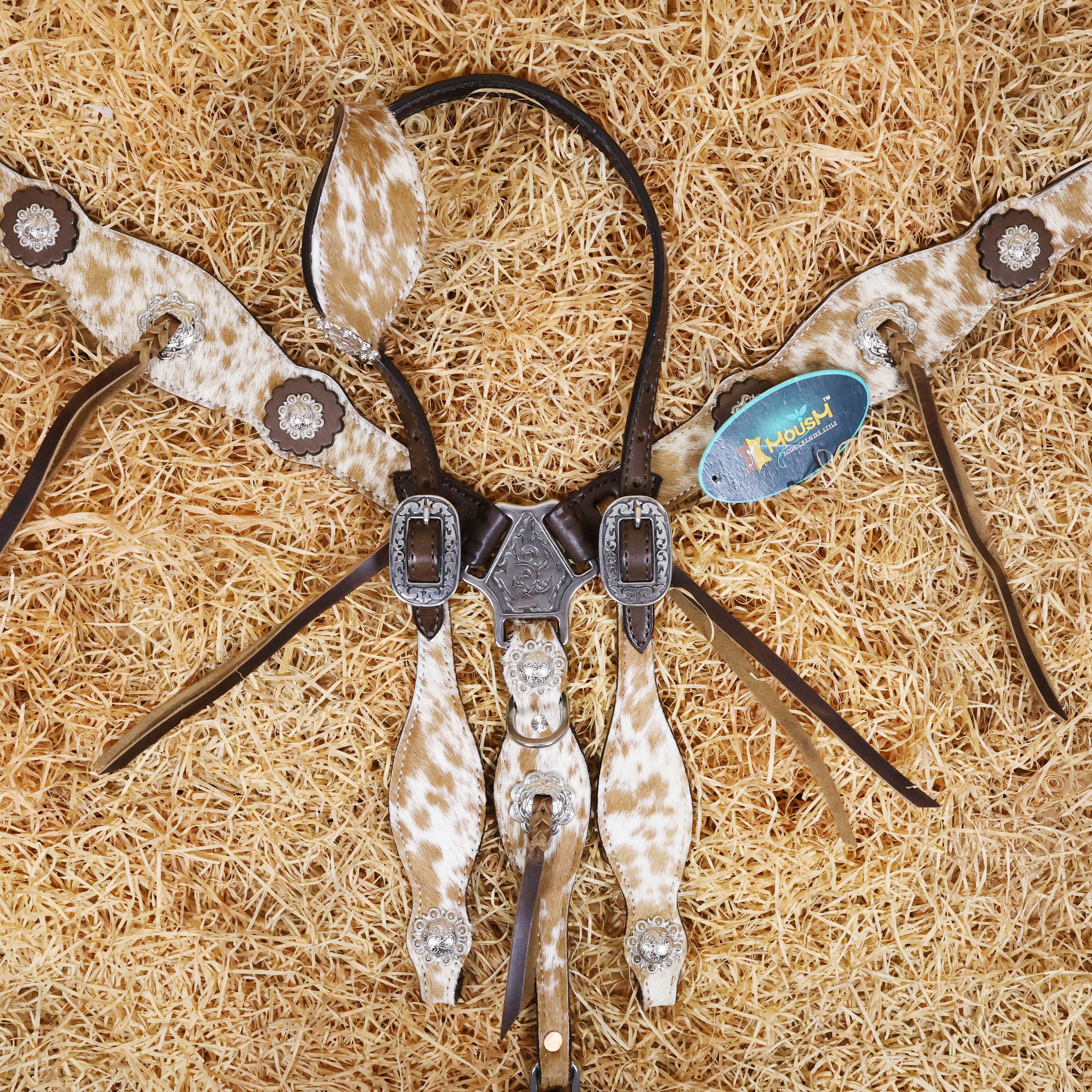 MOUSM Argentina Cow Leather Western Leather Headstall and Breast Collar Tack Set Decorated with Genuine White-Brown Cowhide, Metal Flower Conchos, and Brown Leather Strings