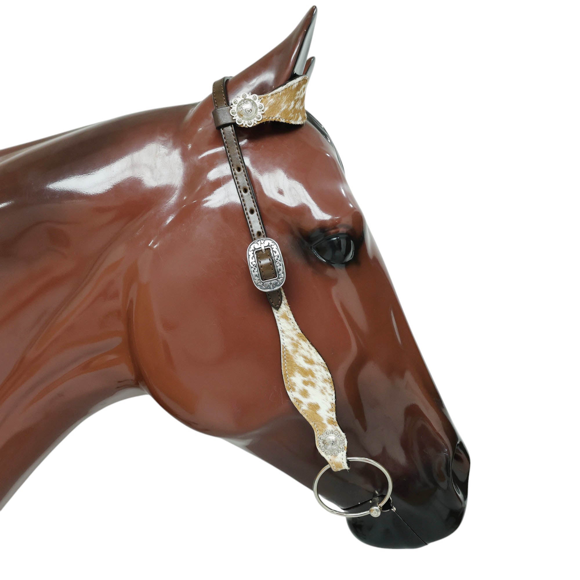 MOUSM Argentina Cow Leather Western Leather Headstall and Breast Collar Tack Set Decorated with Genuine White-Brown Cowhide, Metal Flower Conchos, and Brown Leather Strings