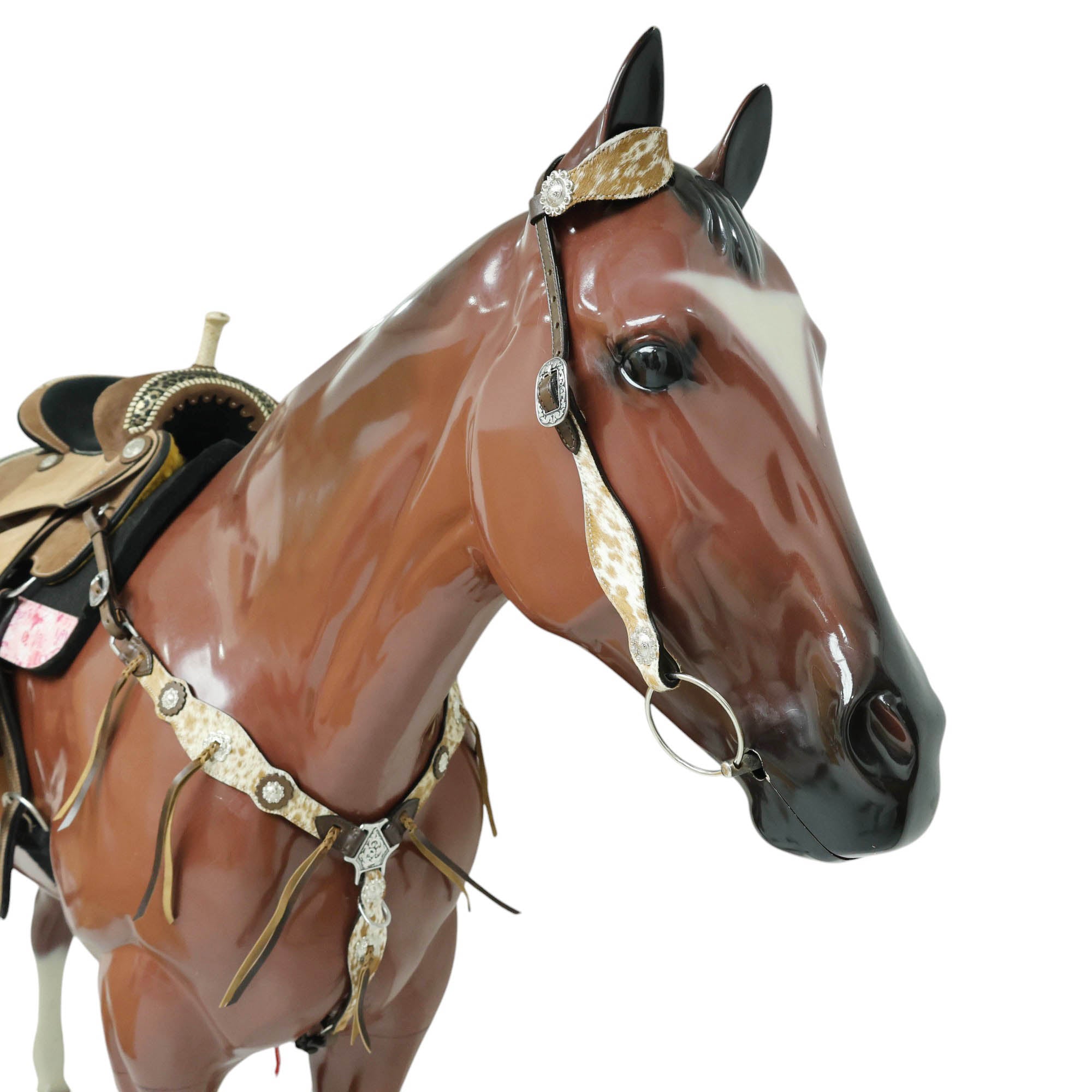MOUSM Argentina Cow Leather Western Leather Headstall and Breast Collar Tack Set Decorated with Genuine White-Brown Cowhide, Metal Flower Conchos, and Brown Leather Strings
